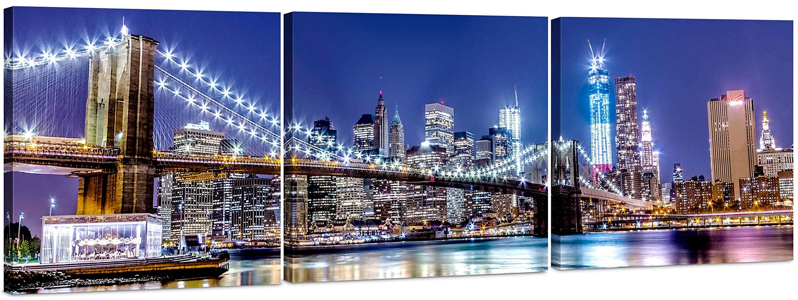 NYC Skyline Wall Art - Large New York City Wall Art Decor 24x72 - 3 Piece New York Skyline Wall Art Print Cityscape - Manhattan New York Canvas Wall Art Picture - NY Brooklyn Bridge Artwork Panels