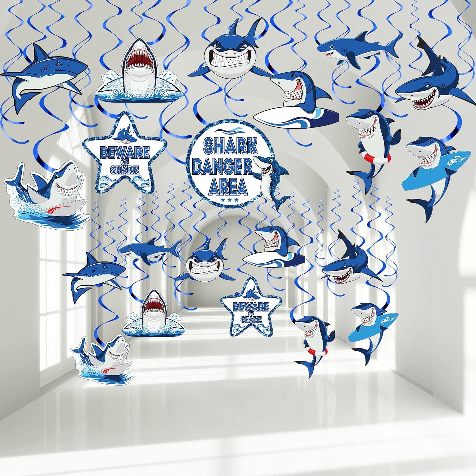 30 Pieces Shark Hanging Swirls Decorations Shark Party Supplies Shark Party Foil Swirls Hanging Ceiling Decoration for Boys Girls Shark Sea Theme Party Baby Shower Birthday Party Favor Supplies