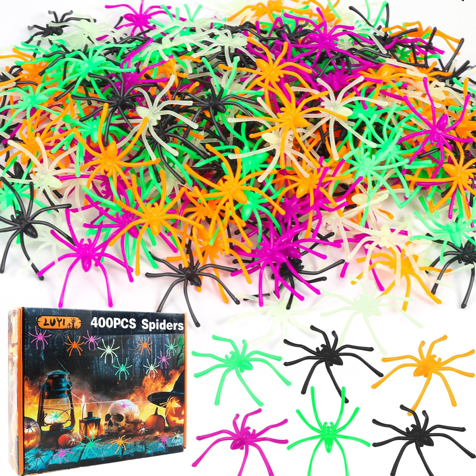 LUYI 200 PCS 5 Colors Halloween Plastic Spiders Halloween Decorations Small Realistic Spider Toys Black Fake Spiders Prank Props for Halloween Home Party Favors Supplies Decor