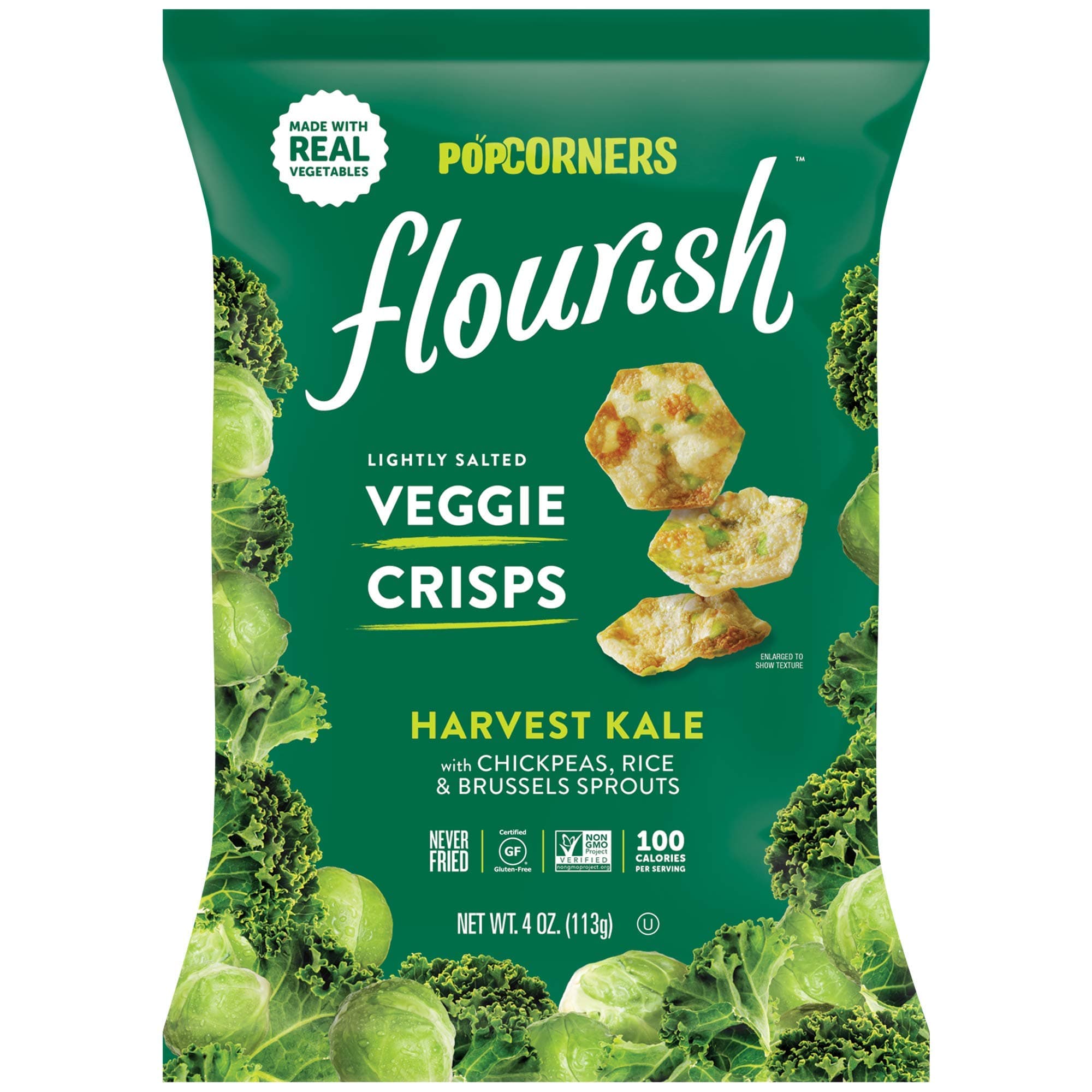 Popcorners Flourish Harvest Kale Veggie Crisps | Plant-Based Protein, Gluten Free Snacks | (12 Pack, 4 oz Snack Bags)