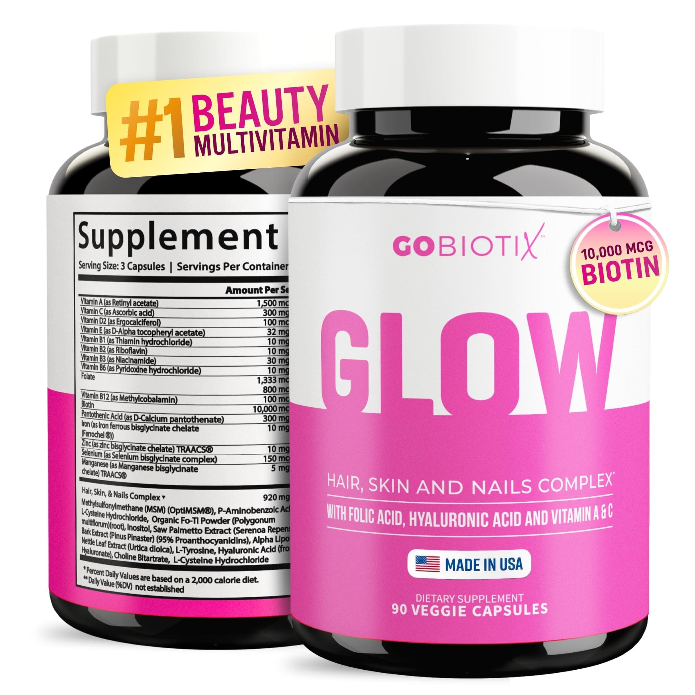 Hair Skin and Nails Vitamin Supplement - 10000mcg Biotin Pills with Hyaluronic Acid, Folate, Iron, Magnesium, and Zinc - Collagen Production, Hair Growth - 30 Servings