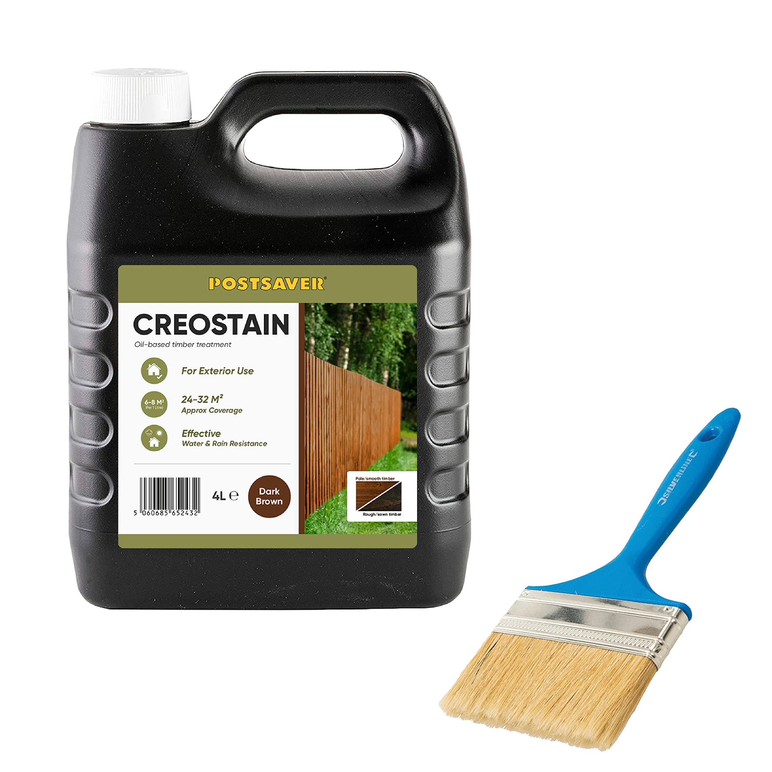 POSTSAVERCreostain Oil-Based Wood Treatment | Creosote Creocote Substitute | Exterior Wood Stain and Preserver | Safe Fence Treatment | Significantly Lower Odour Than Creocote | Dark Brown 4L + Brush