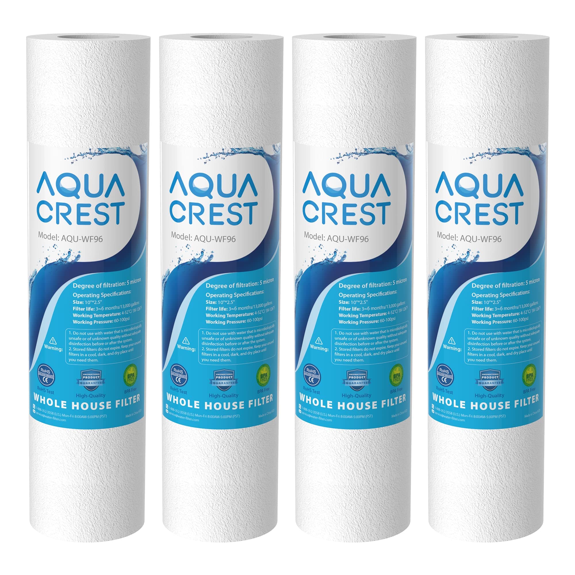 5 Micron 10" x 2.5" Whole House Sediment Water Filter, Replacement for Any 10 inch RO Unit, Culligan P5, Aqua-Pure AP110, Dupont WFPFC5002, CFS110, RS14, WHKF-GD05, Pack of 4