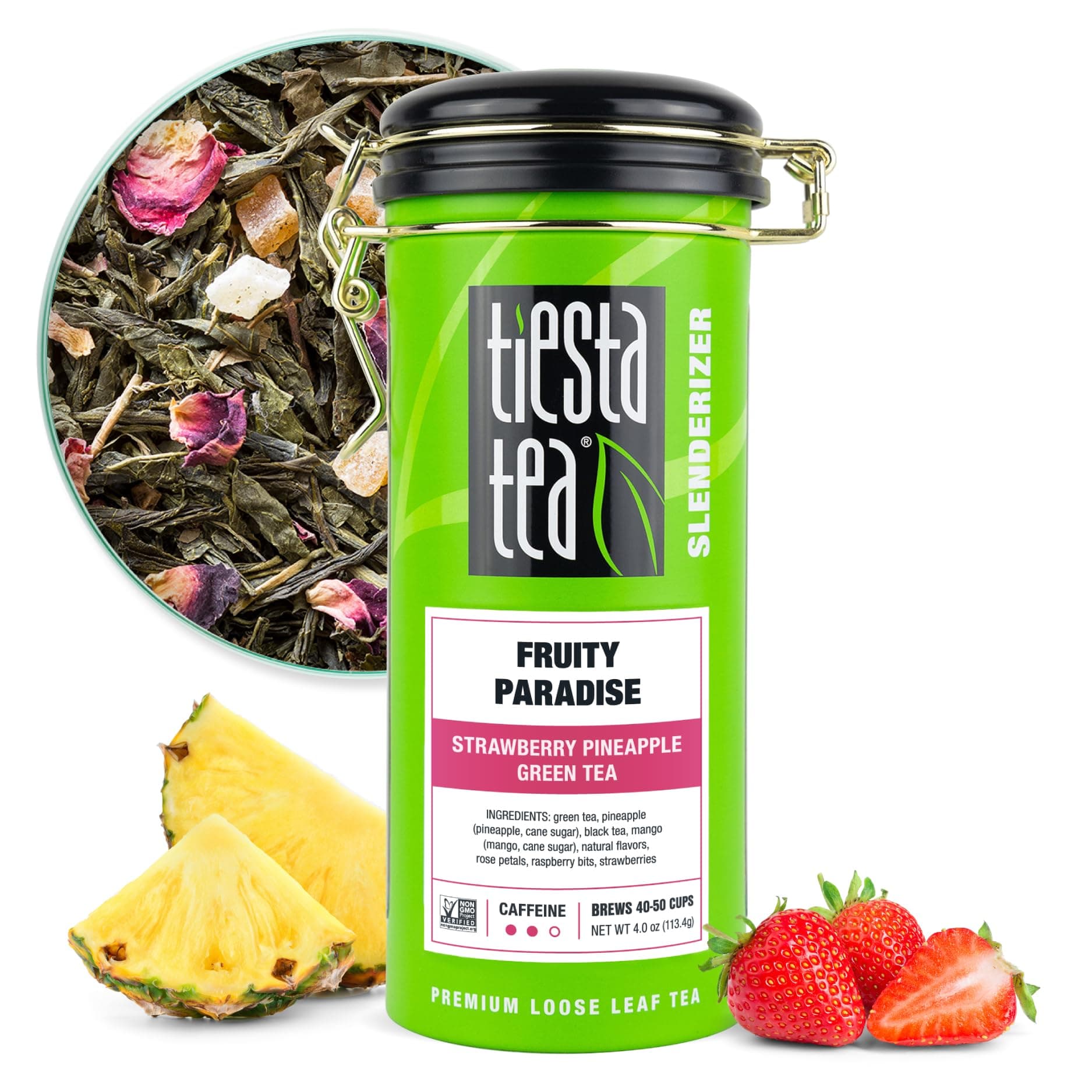 Fruity Paradise, Loose Leaf, Strawberry Pineapple Green Tea, Premium Blend, Medium Caffeinated Green, Make Hot or Iced & Brews Up to 50 Cups, 4oz Refillable Tin