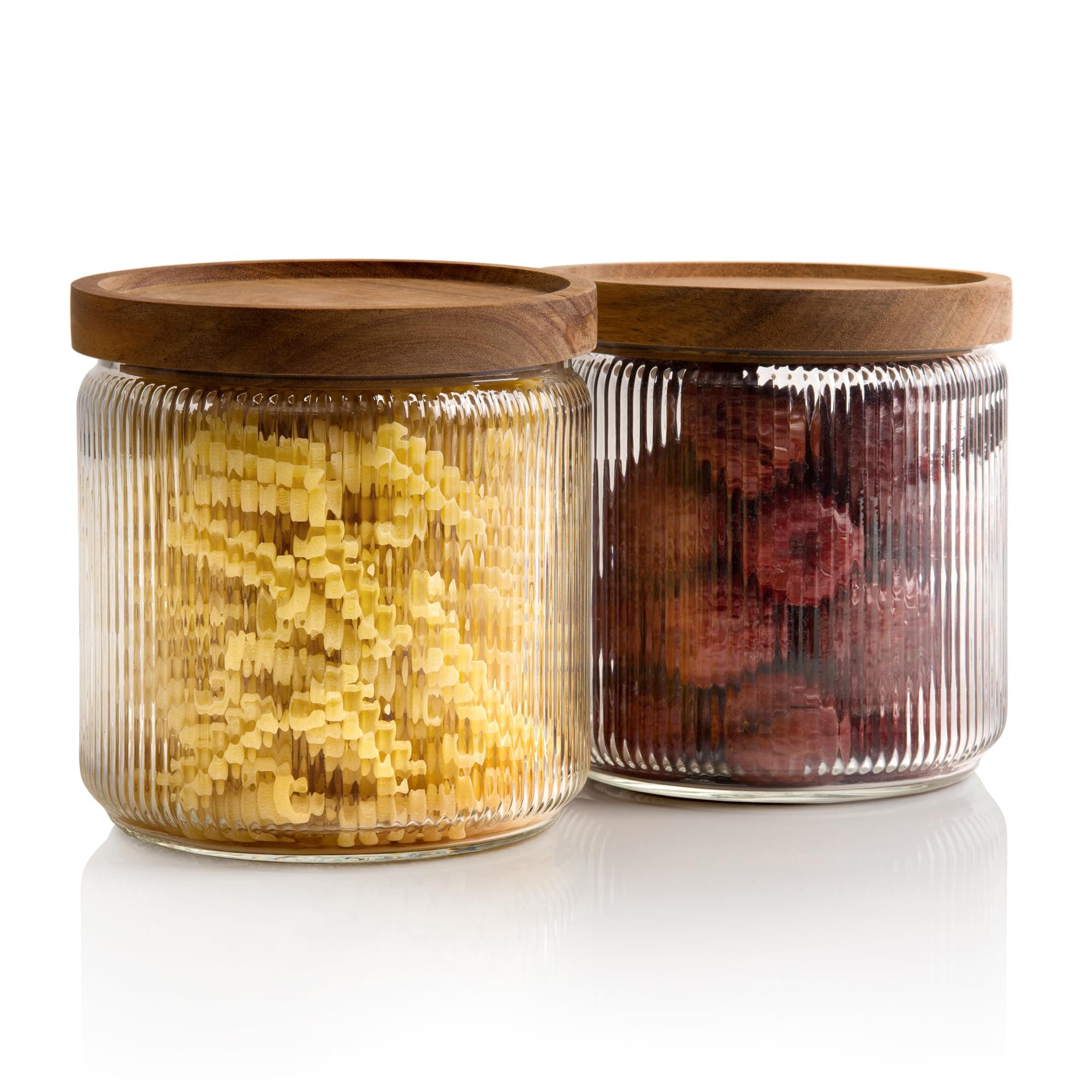 Mason & Fable Ribbed Glass Jar, Stackable & Airtight Wooden Lid- Storage Canister for Cereal, Pasta, Rice/Flour - High End Look for Kitchen, Pantry, Bar Organization - 40oz, Set of 2