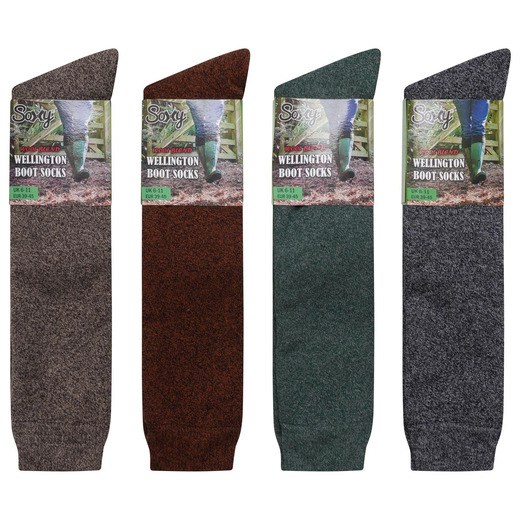 Mens Wool Blend Long Wellington Boot Socks - 4 Pack - Welly Socks - The Original Wellie Sock - Festival Walking Hiking Thermal Socks - Assorted Colours - UK Shoe Size 6-11