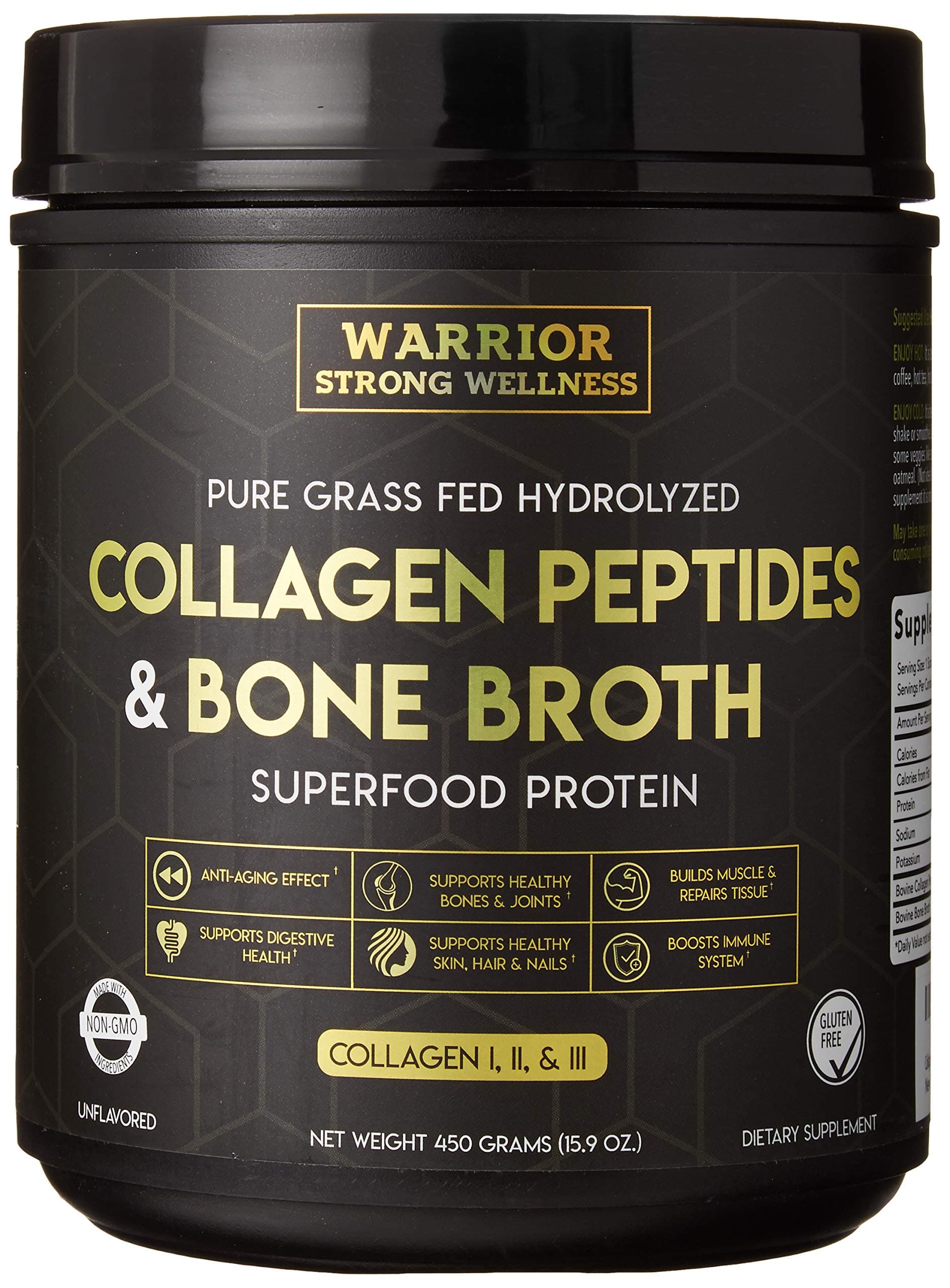 Collagen Peptides & Bone Broth by Warrior Strong Wellness: Pure Grass-Fed Hydrolyzed Collagen Powder Boost for Healthy Skin, Nails, Hair, Joints, Muscles & Digestion, Keto Friendly, Unflavored