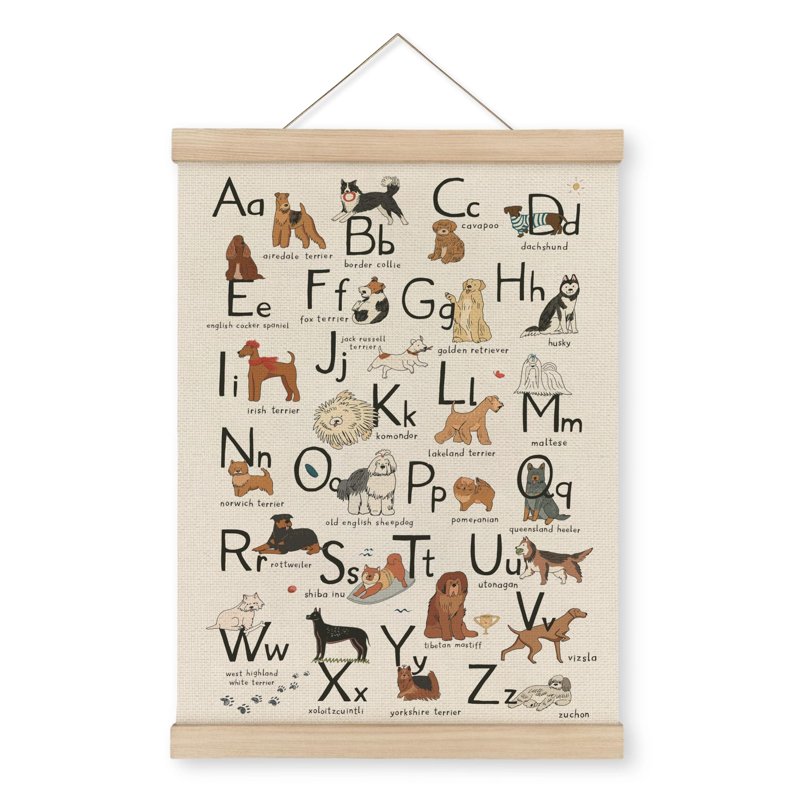 MAQIKA ABC Alphabet Chart Dog Poster Framed with Wood Hanger,Alphabet Banner, Alphabet Abc Poster for Toddlers,Kids Abc Hanging Wall Decor,Dog Breed Canvas Wall Art Paints for Classroom Nursery 12x16