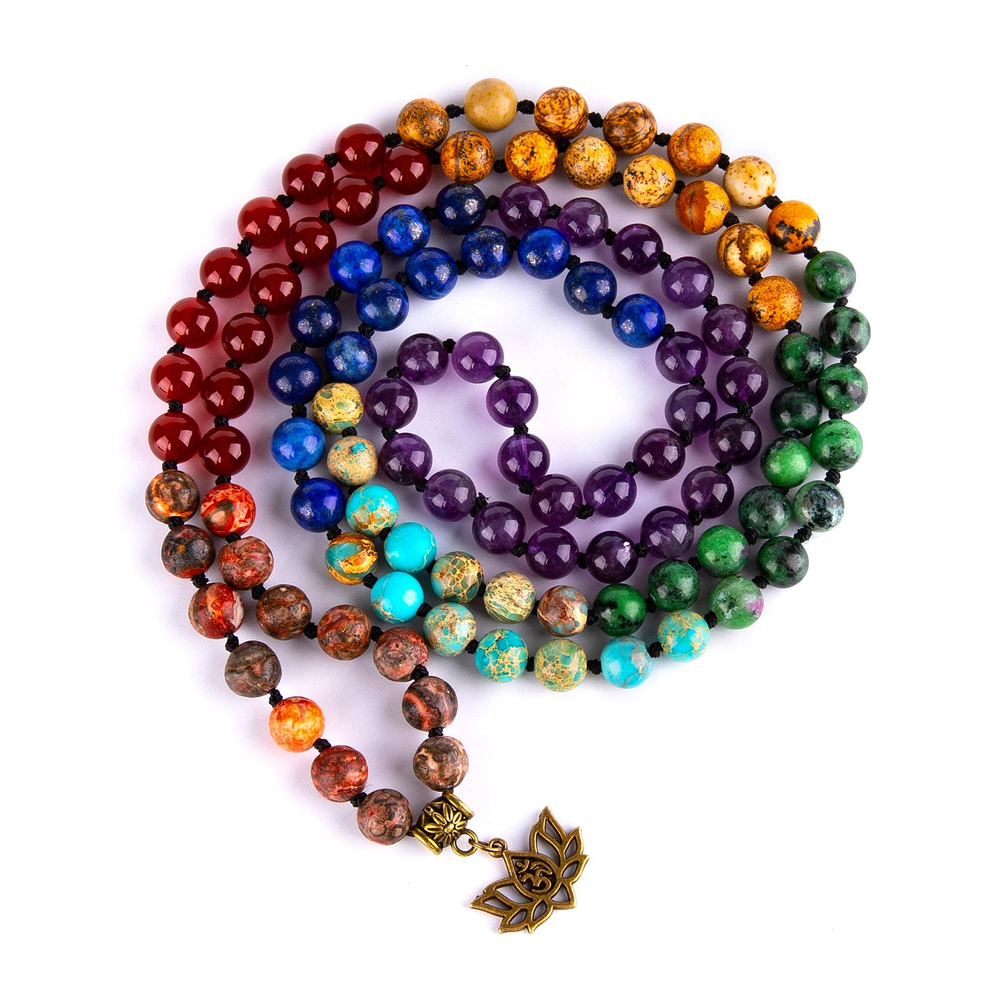 Bivei 7 Chakra 108 Mala Beads Bracelet Real Gemstone Yoga Meditation Hand Knotted Mala Prayer Bead Necklace