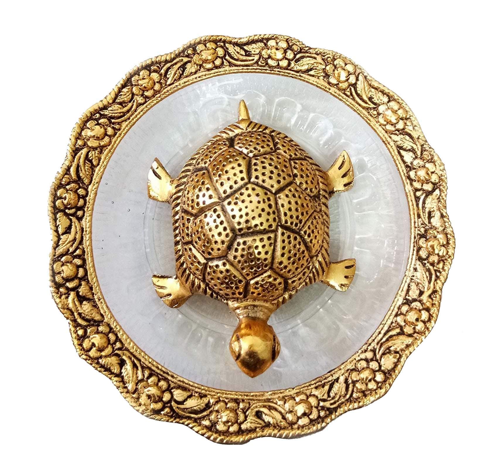 Metal with Golden Glass Plate Feng Shui Metal Tortoise, Kachua Plate, Turtle Plate Yantra Vastu Feng Sui | Vaastu Yantra| Wealth Sign Statue Showpiece| Wish Fulfilling (5.5 inch)