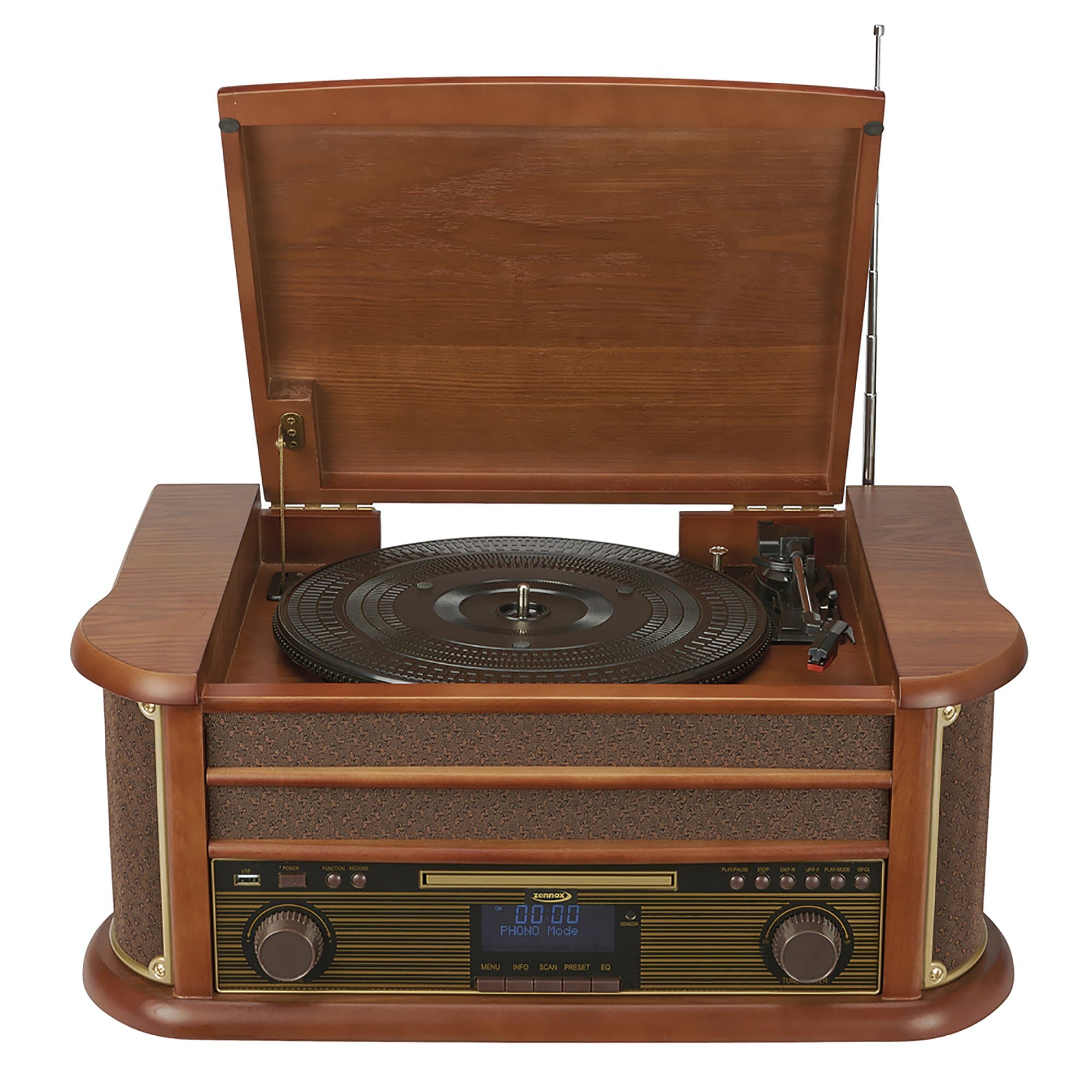 Wooden Music Centre Vinyl Turntable, Vintage Hi-Fi System, 3 Speed CD Player, MP3, USB & DAB Digital Radio by Zennox (Wooden Effect)