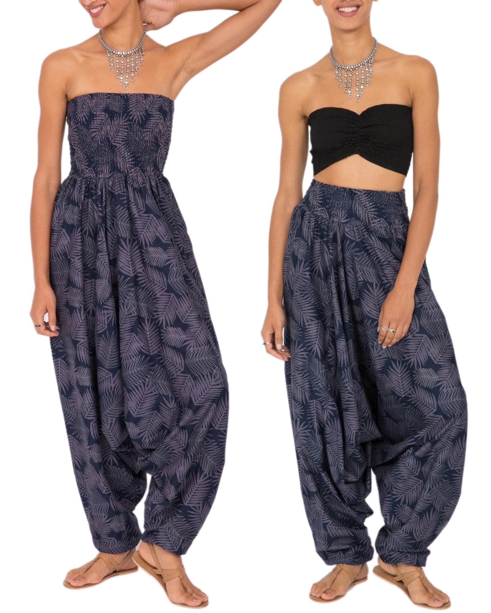 Jumpsuits for Women UK Converts into Harem Pants with Pockets - 2-in-1 Outfit - Cotton Strapless Romper & Comfy Elasticated Waist Trousers