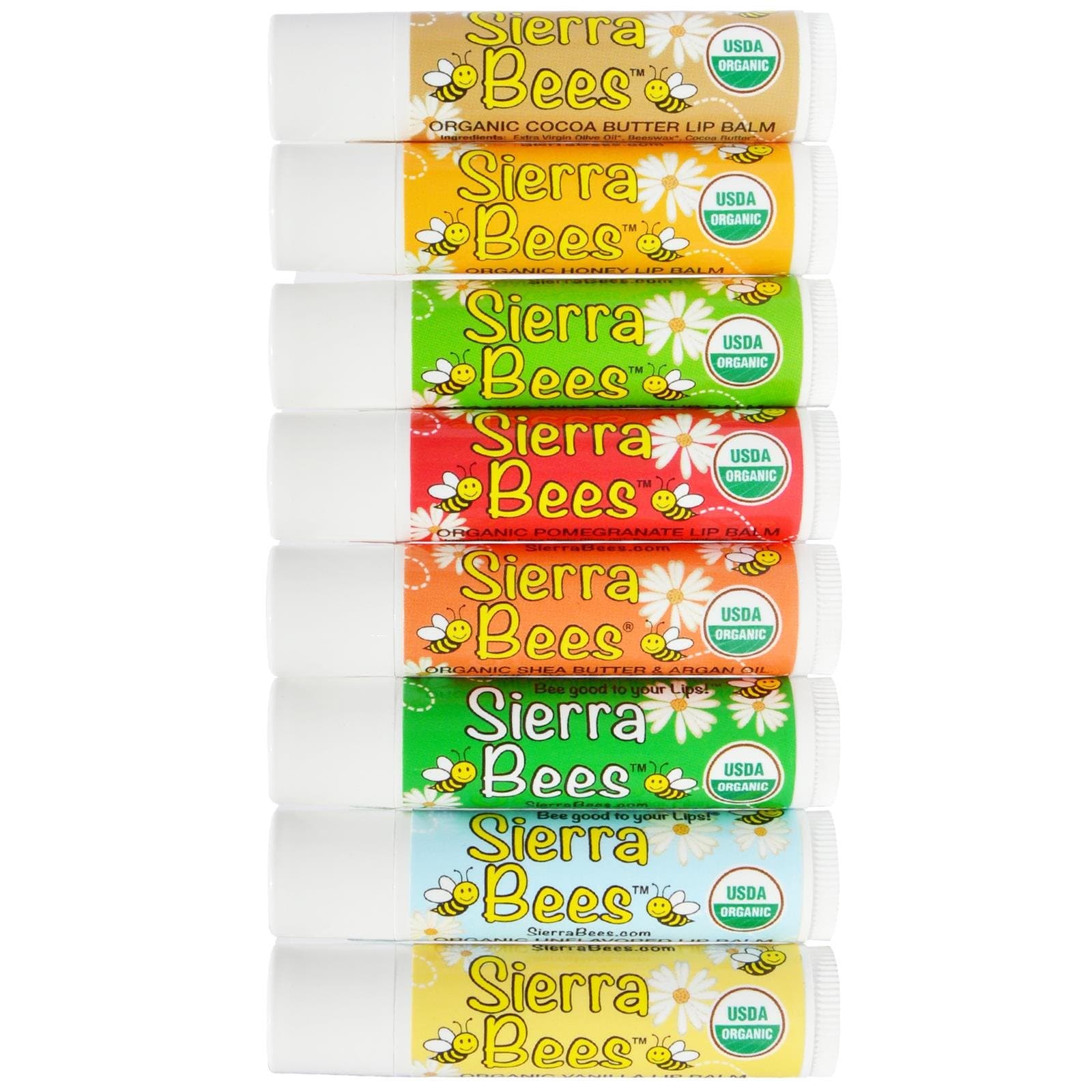 Organic Lip Balm - Variety by Sierra Bees - Cocoa Butter, Honey, Mint Burst, Pomegranate, Shea Butter & Argan Oil, Tamanu & Tea Tree, Unflavoured and Vanilla by Sierra BeesUSDA Organic