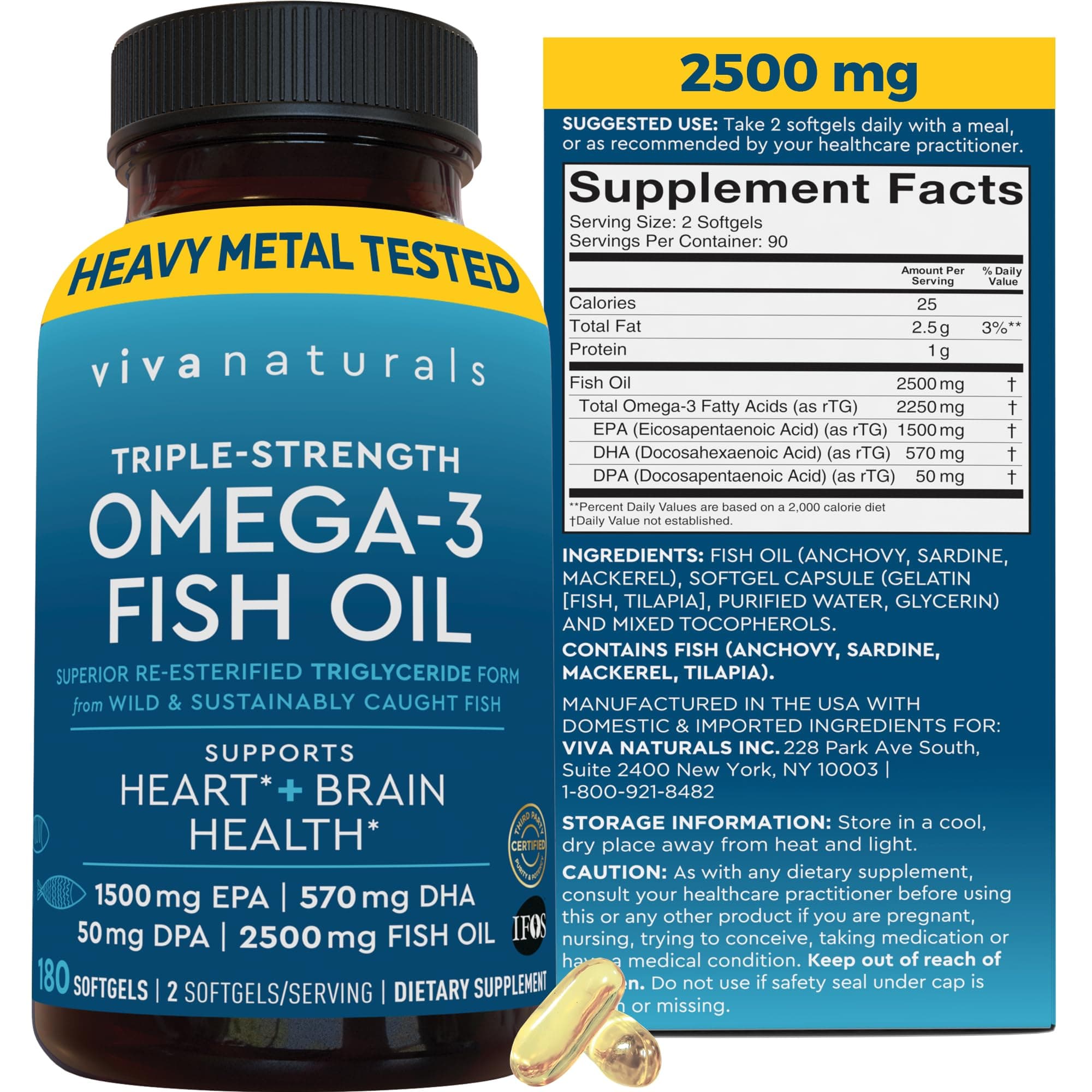 Triple Strength Fish Oil Omega 3 Supplements for Women and Men – 2500 mg High-Potency, Easy-to-Absorb Re-esterified Triglyceride Form, Pescatarian-Friendly DPA Omega 3 EPA DHA Supplement,180 Softgels