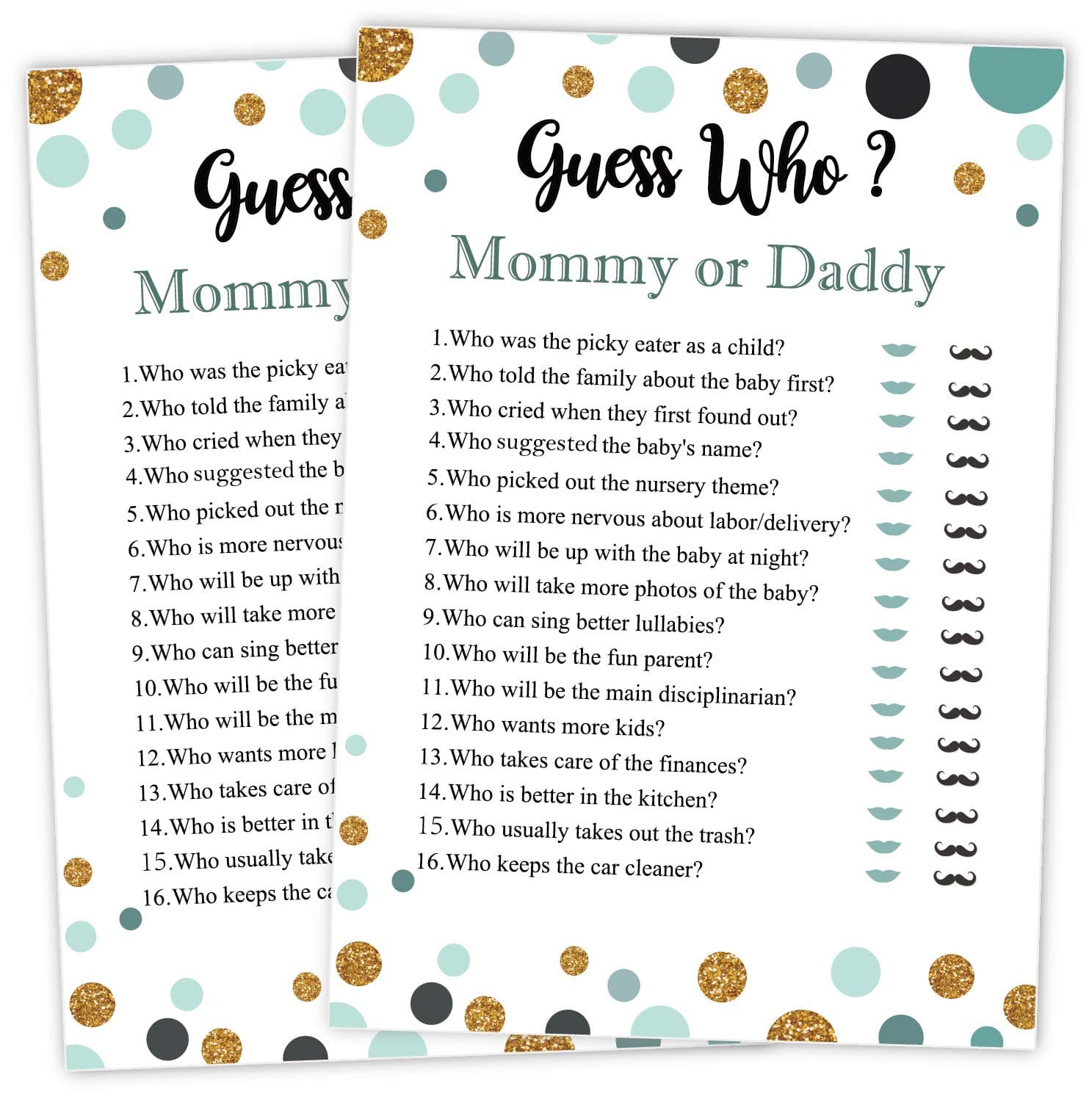 25 Guess Who Mommy or Daddy Fun Baby Shower Game Idea For Girl or Boy Cute Gold Gender Neutral Party, Funny Activity Questions at Gender Reveal Bundle, Party Activities Supplies For Kids, Mom, Dad