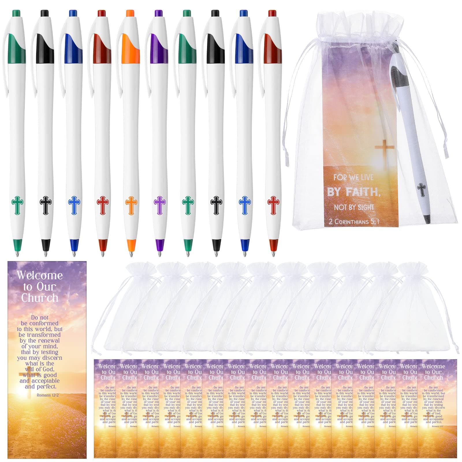 Roowest 36 Set Church Welcome Gifts Bulk Christian Cross Pens Welcome to Our Church Cards Religious Pens with Gift Bags for Visitors Prayers Baptism Party Favors