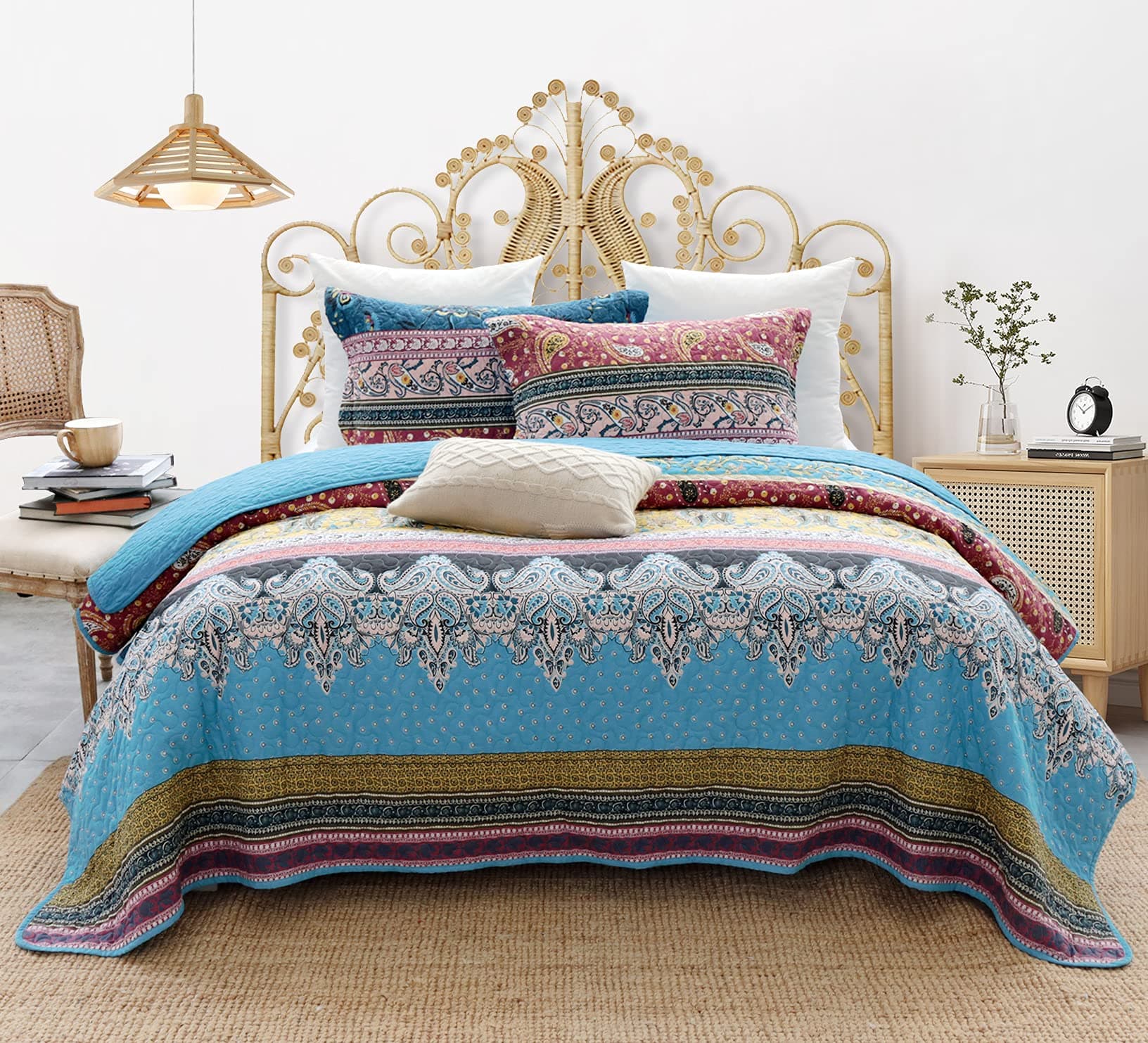 Boho Quilt Set Queen Size,Soft ligtweight Paisley Decorative Boheimian Colorful Floral Striped Bedding Sets 3pc （90*96inches）