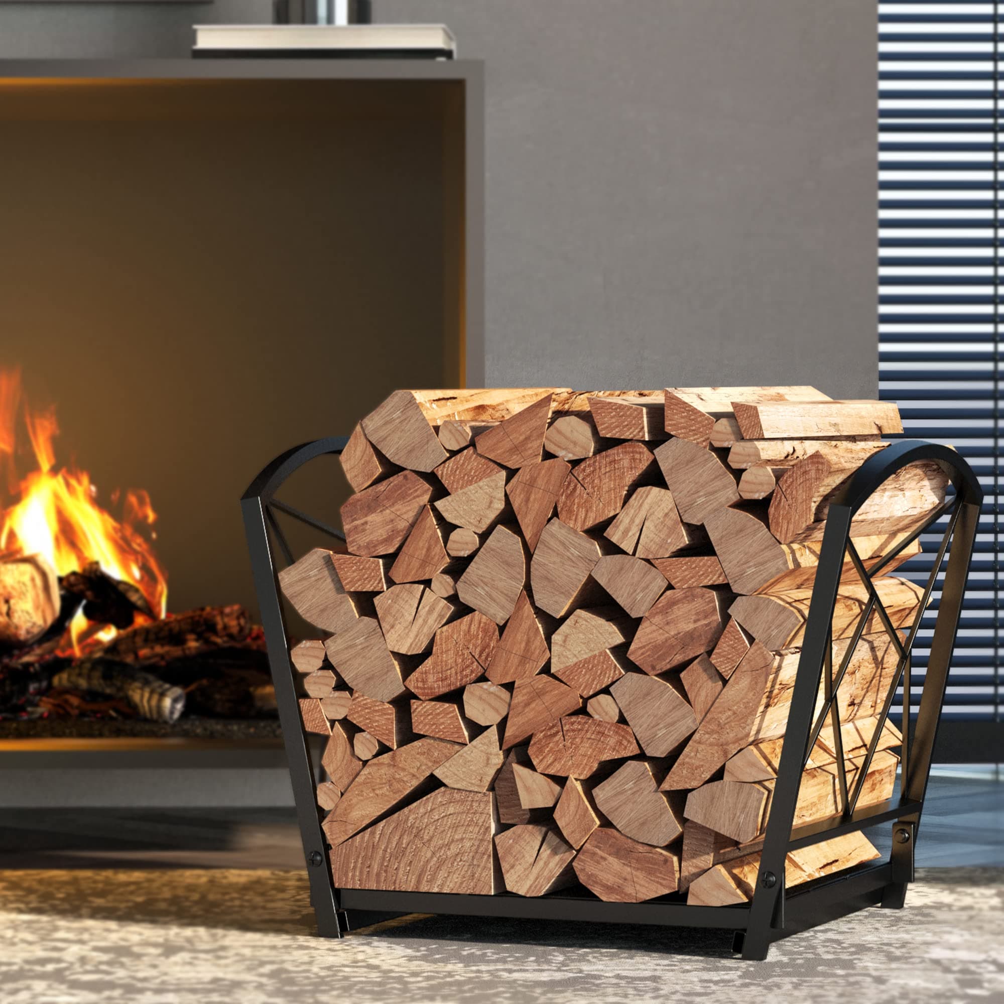 Fire Beauty Firewood Log Rack, Iron Wood Lumber Storage Holder for Fireplace, Heavy Duty Log Storage Bin for Firepit Stove Accessories