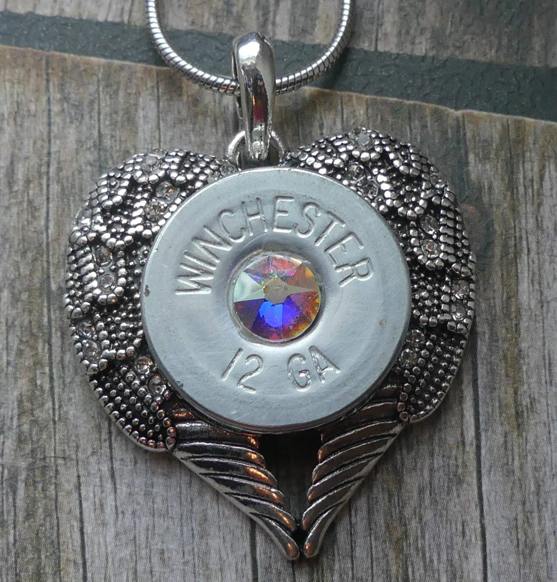 12 GA Shotgun Shell Heart Necklace with Crystal AB