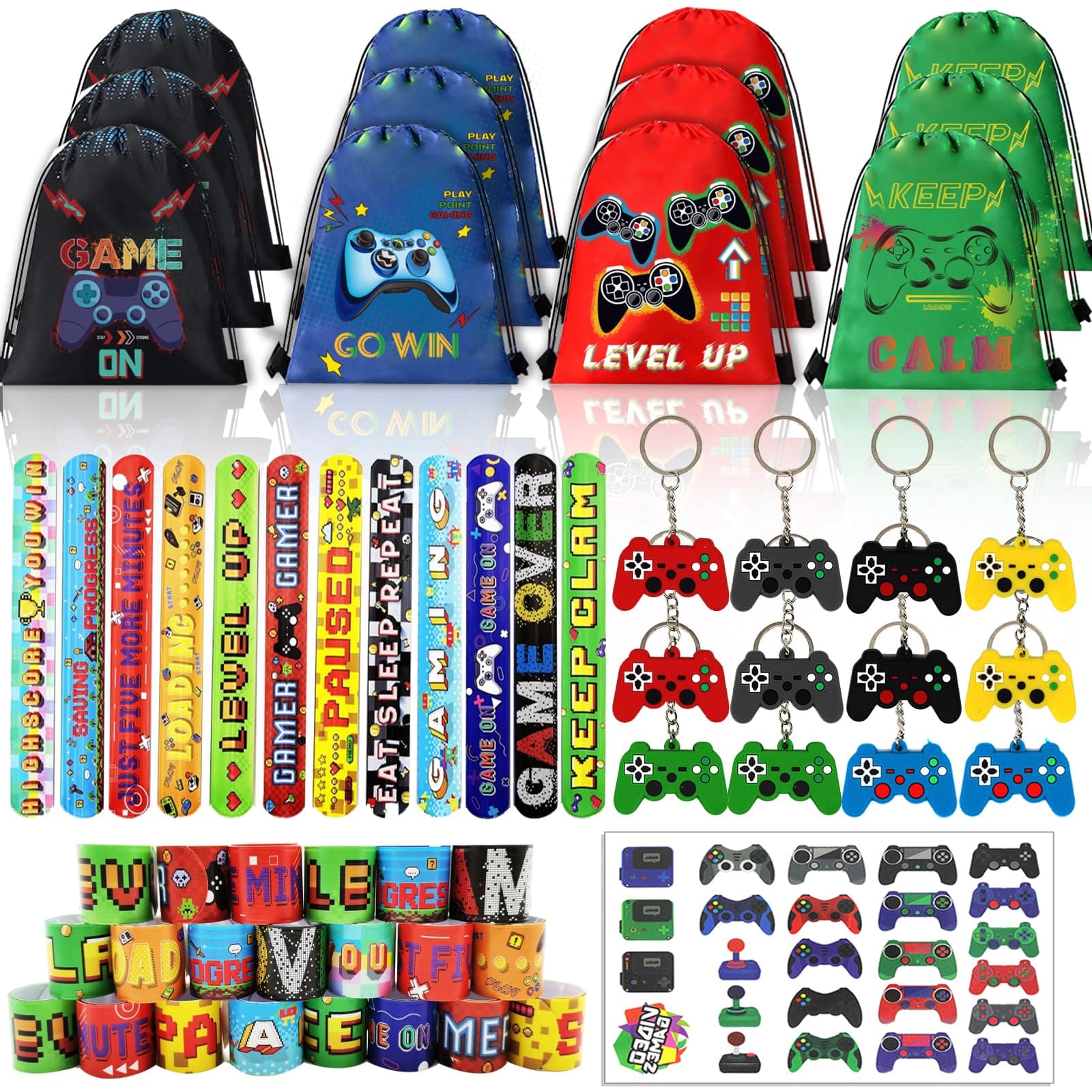 Bluegogo 61 Pcs Video Game Party Favors, Gamer Party Favors Bags Includes 12 Pcs16 x 13 Inch Video Game Party Drawstring Bags Slap Bracelets Keychains Tattoo Stickers for Kids Gaming Party Favor
