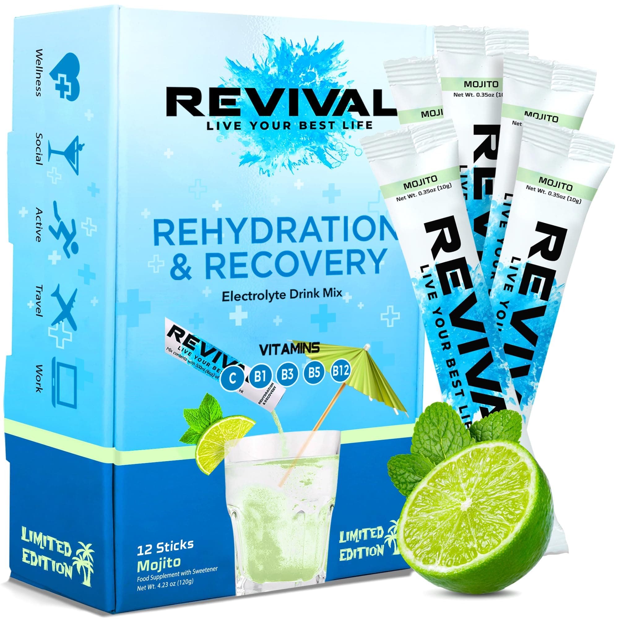 Revival Rapid Rehydration Sachets Electrolytes Powder High Strength Vitamin C, B1, B3, B5, B12 Supplement Sachet Energy Drink, Effervescent Electrolyte Hydration Tablets 12 Pack Mojito Flavours