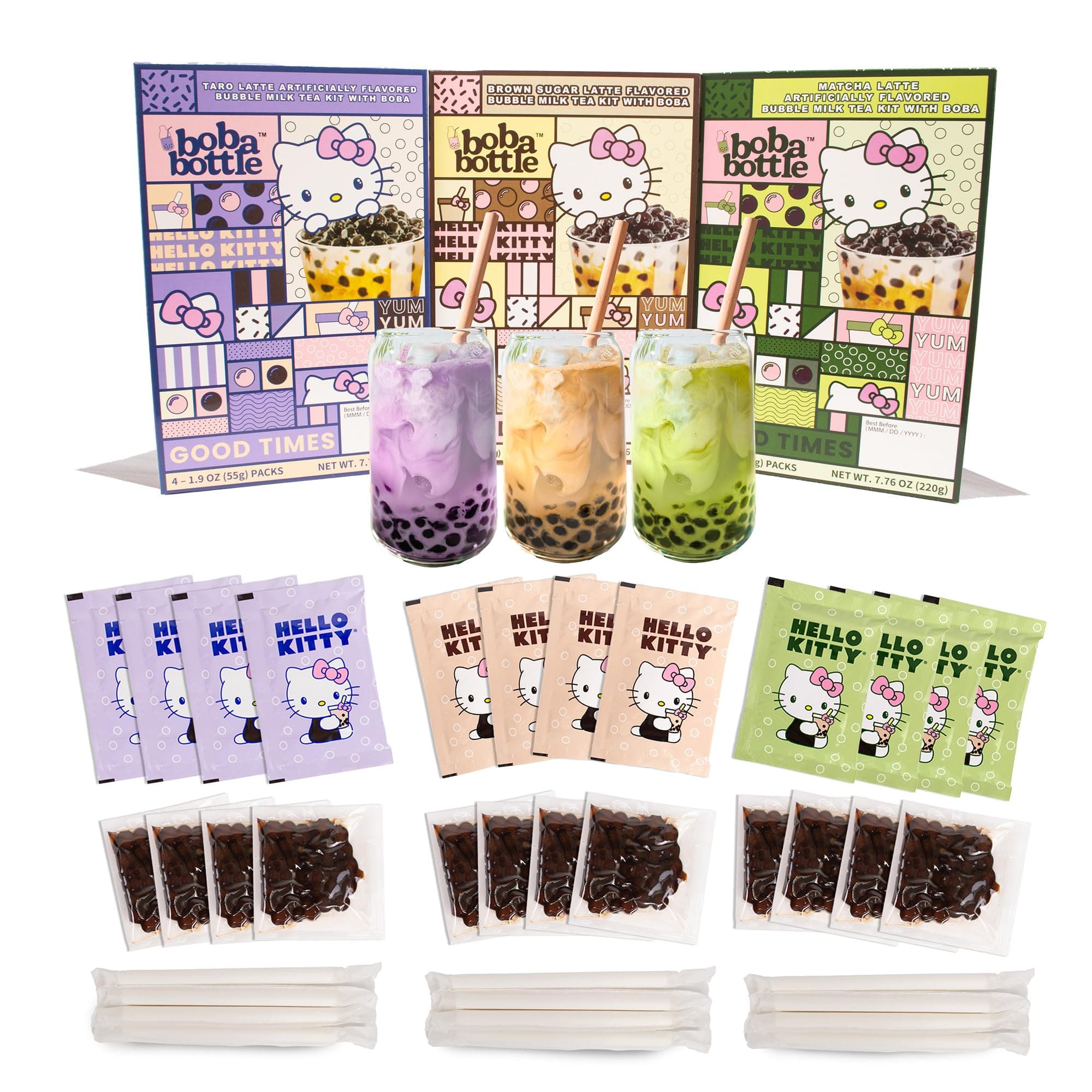 Hello Kitty Instant Boba Milk Tea Variety Kit, Brown Sugar, Taro, Match Flavor, with Taiwan Tapioca Pearls, Paper Straws Included (12 Servings)