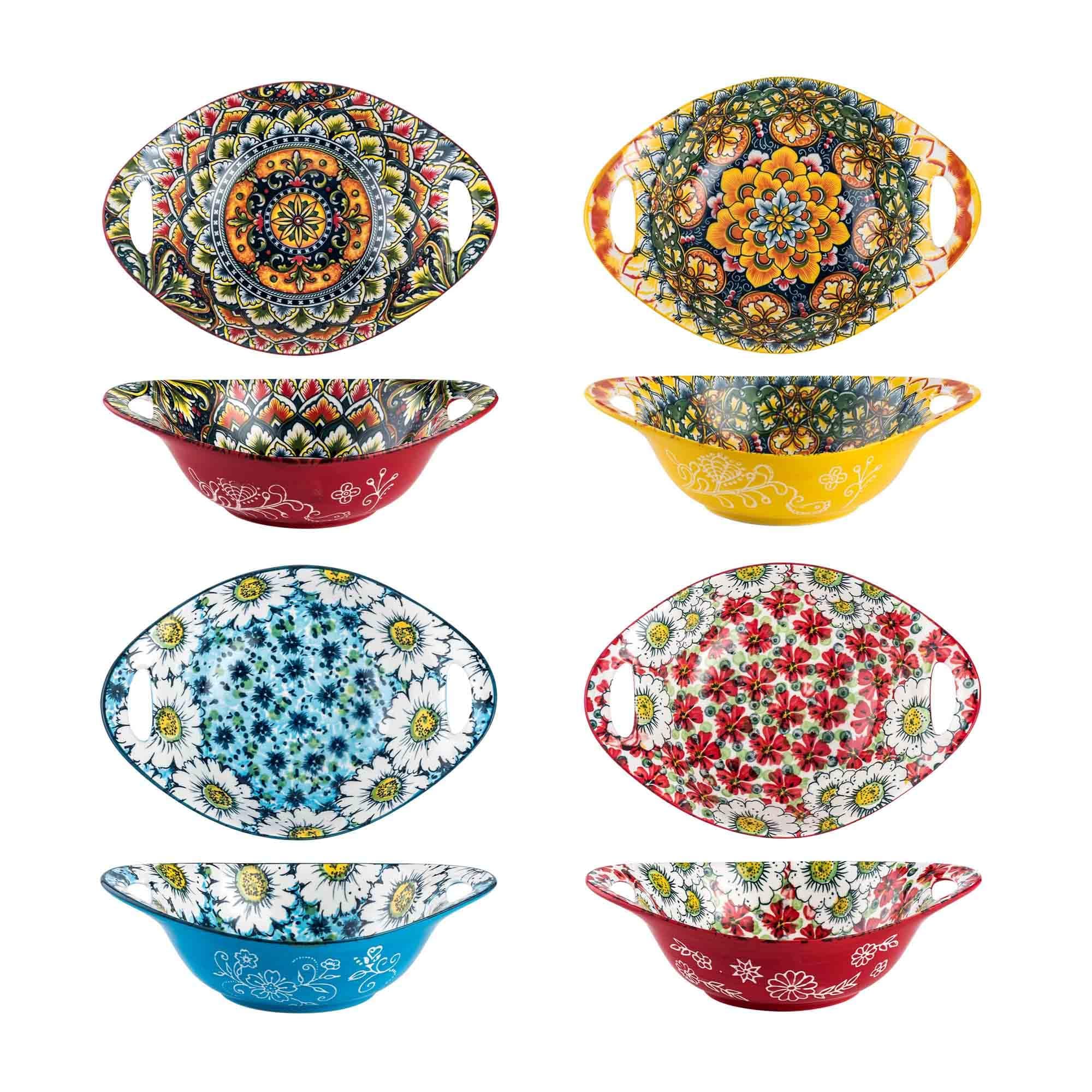 Henten Home Ceramic Salad Bowls Set, 19 oz Porcelain Soup Bowl Set of 4, Colorful Serving Bowls with Handle for Dinner, Pasta, Oatmeal, Bohemian Style, Microwave & Dishwasher Safe
