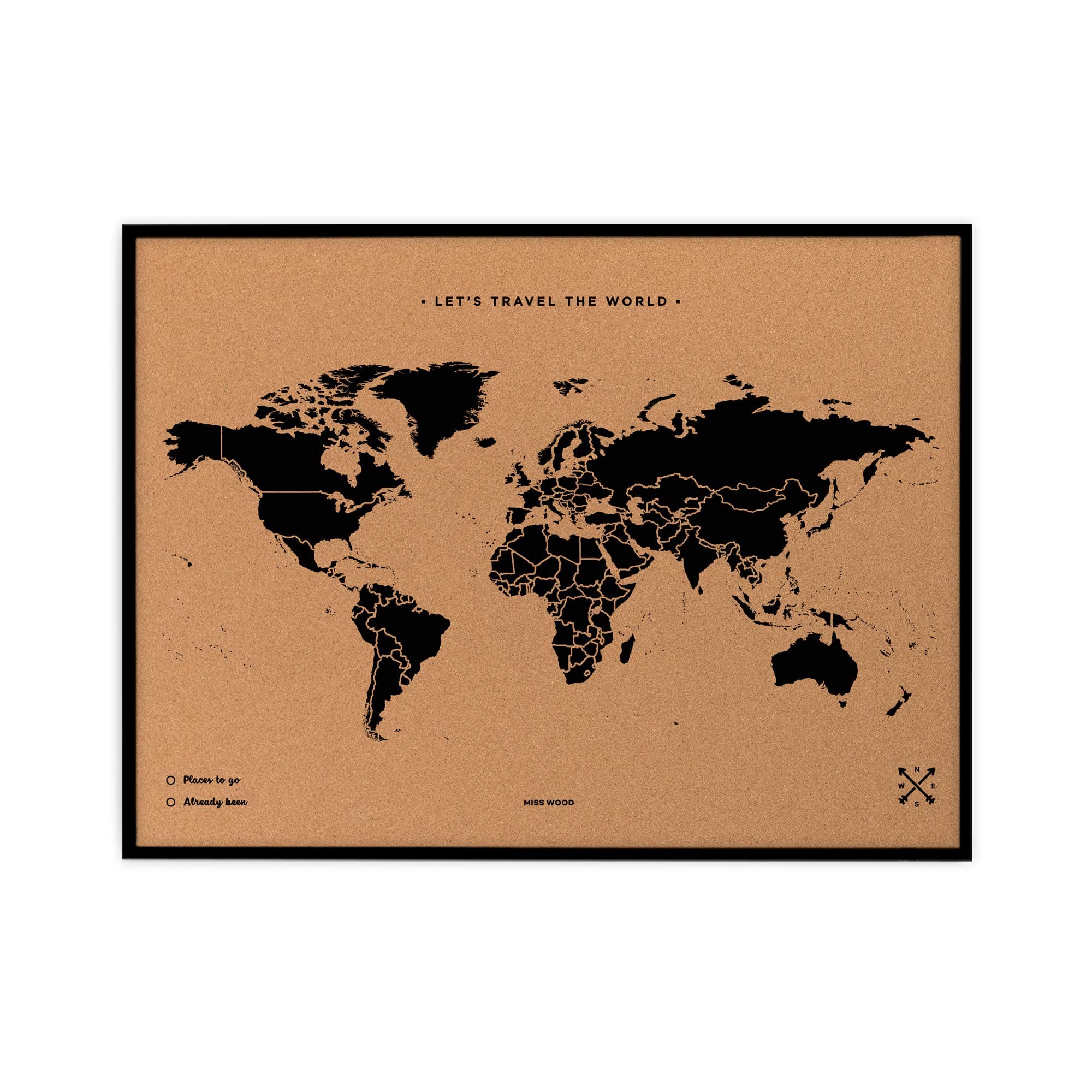 Miss Wood My World L Cork Map with Frame, Wood, Black, 48 x 63 x 1.5 cm