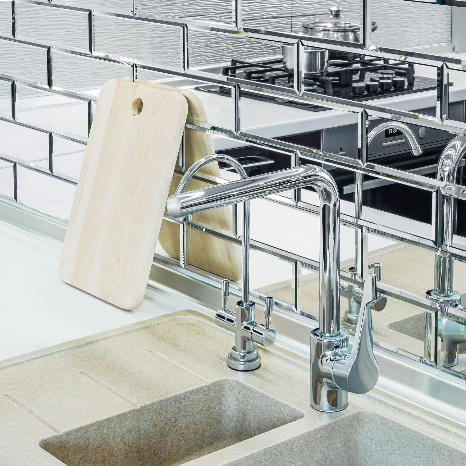 3" X 10" Glass Mirror Subway Backsplash Kitchen Bathroom Beveled Edge Brick Tile (Silver, 10 Tiles 2sq.ft)