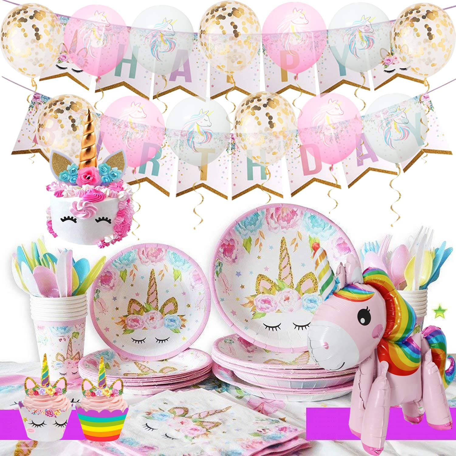 Unicorn Party Supplies Girls Birthday Decorations & BONUS Balloons - Serves 16