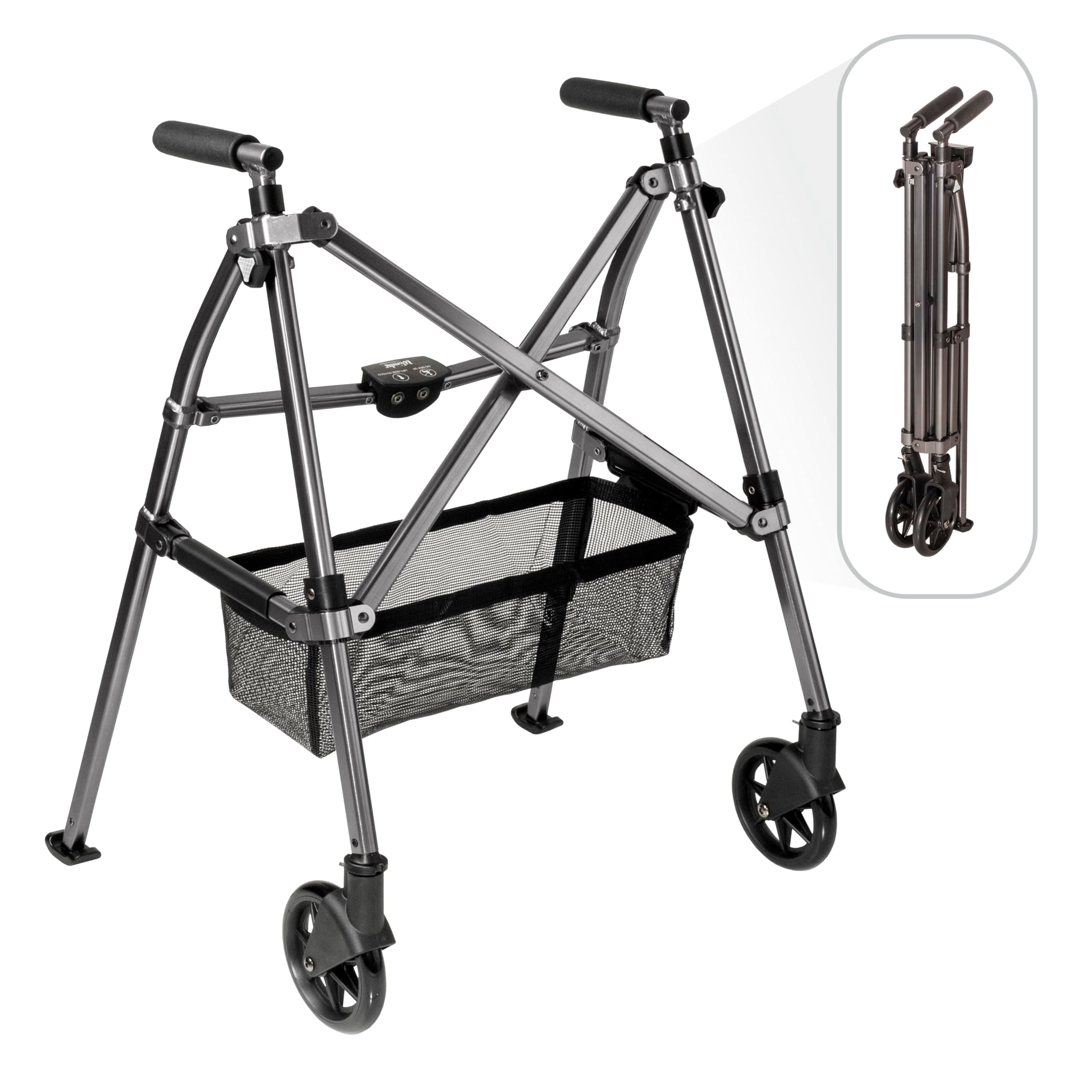 – EZ Fold-N-Go Walker, Lightweight Folding Mobility Frame with 2 Swivel Wheels, Elderly Travel Walking Aid, Black Walnut (Eligible for VAT Relief in The UK)