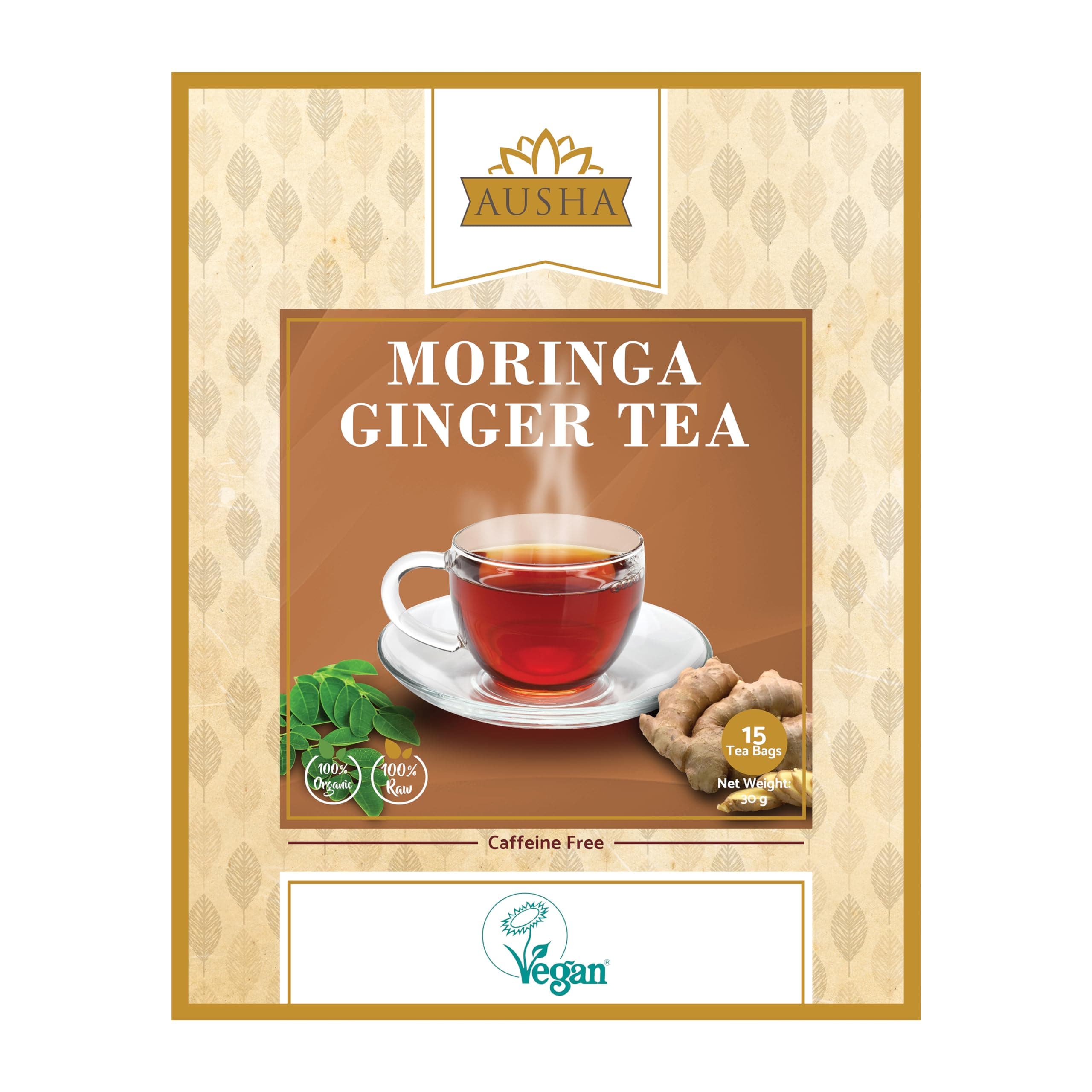 Ausha Moringa Ginger Tea Bags - 20 Bags - Caffeine Free - Digestion, Immunity - Source of Protein, Amino Acids, Antioxidants, Dietary Fibre, Vitamins & Minerals - Moringa tea Bags