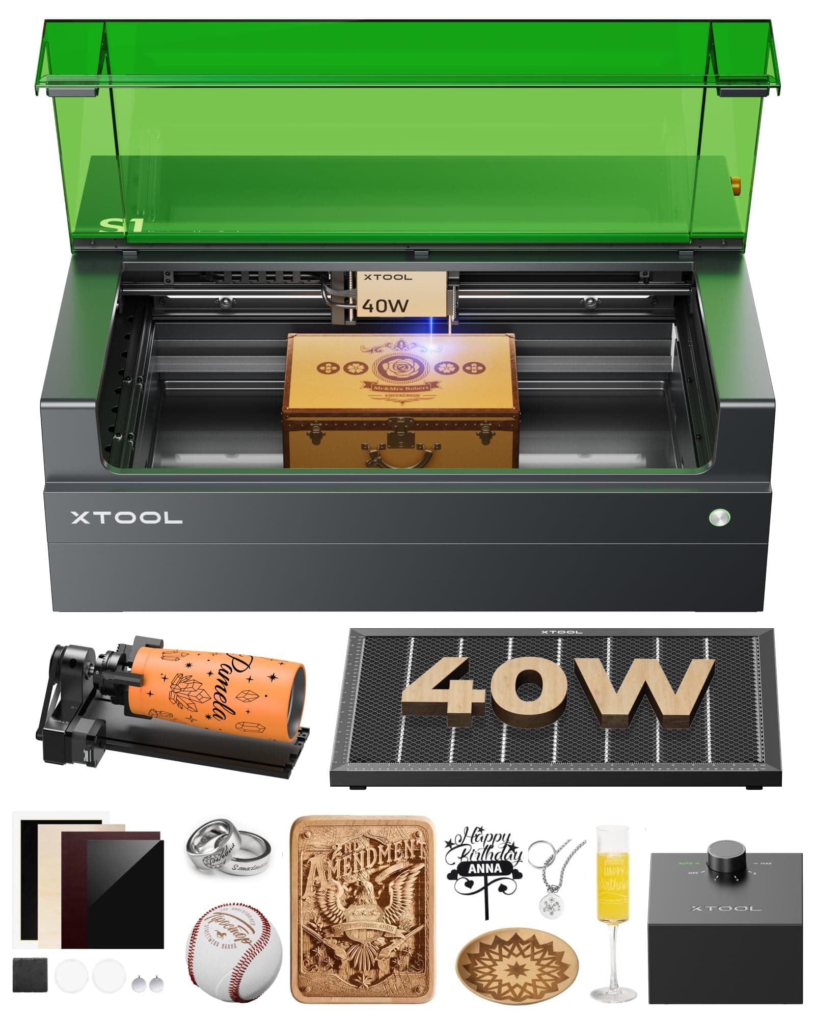 xTool S1 40W Laser Cutter and Laser Engraver for Tumblers, 23.93" x 15.16" Bed Size, 600mm/s Speed, Laser Engraving Machine, Laser Engraver for Wood and Metal, Acrylic, Big Project - Rotary Bundle
