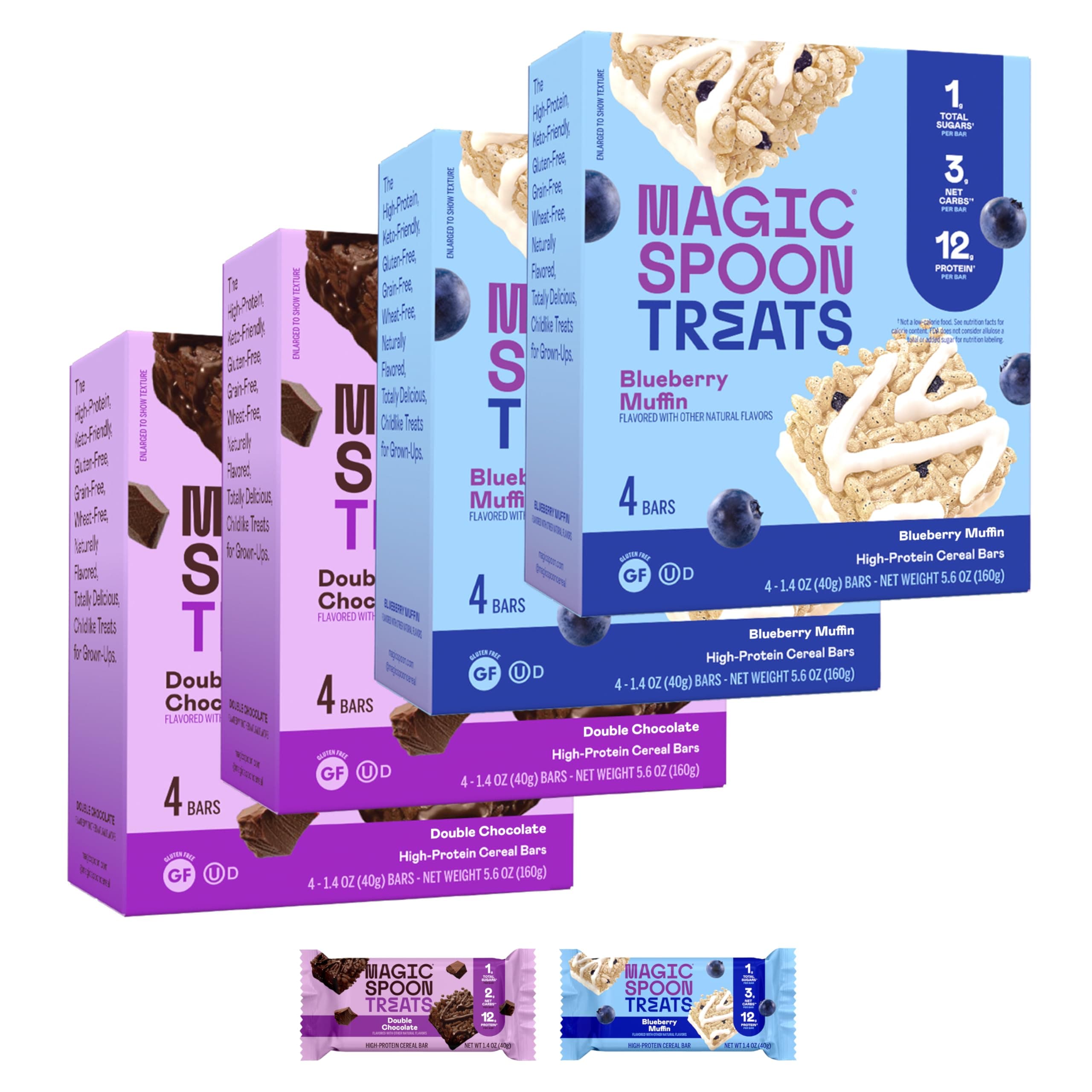 Treats - High Protein, Low Carb, Keto Friendly, Low Sugar, Gluten Free, Crispy Protein Bar Cereal Bar, On-The-Go Healthy Snack (8 Blueberry Muffin Bars, 8 Double Chocolate Bars)