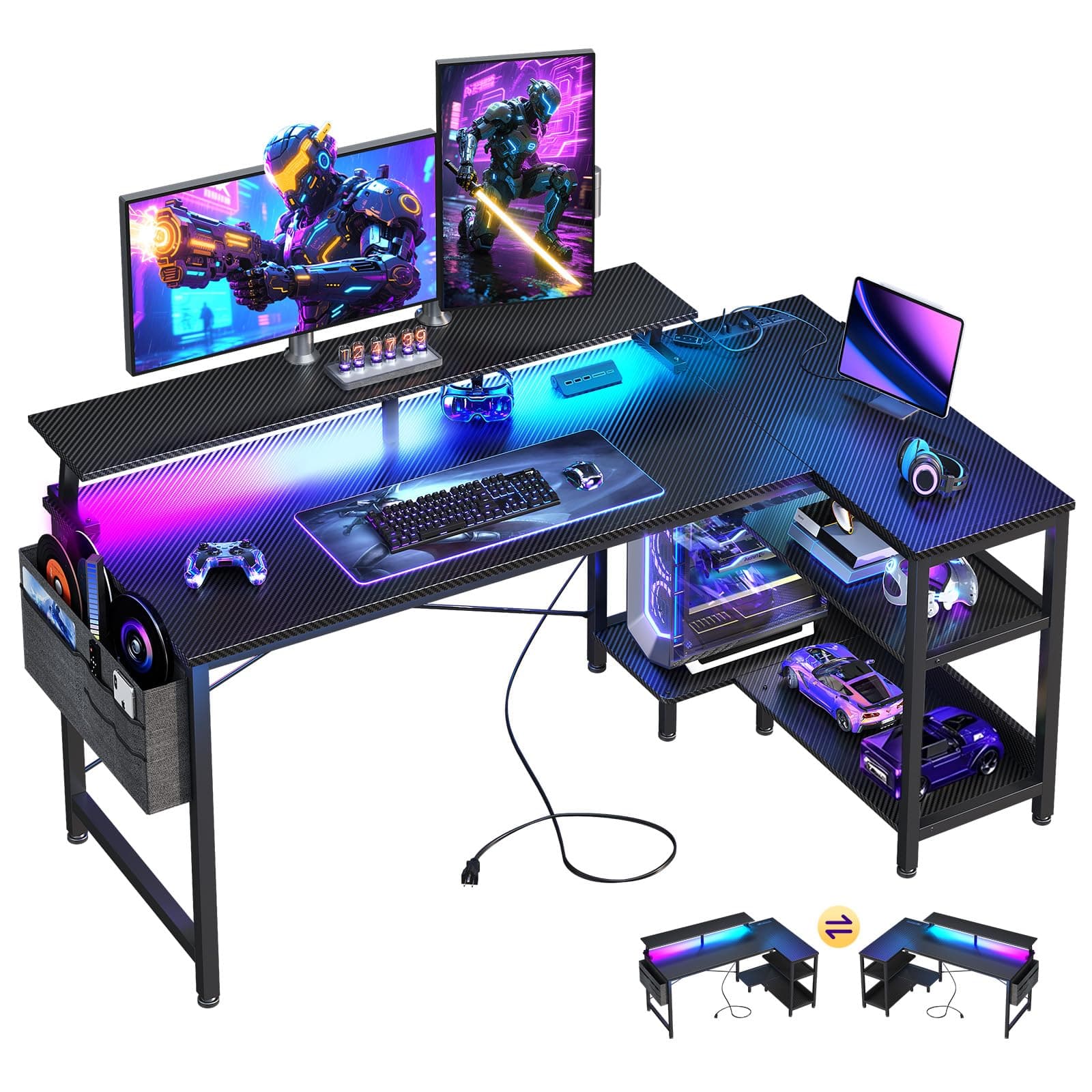 ODK 48 Inch Gaming Desk with USB Charging Ports and LED Lights, Reversible L Shaped Computer Desk with Storage Shelves & Monitor Stand, Corner Gamer Desk Table with Power Outlets, Black