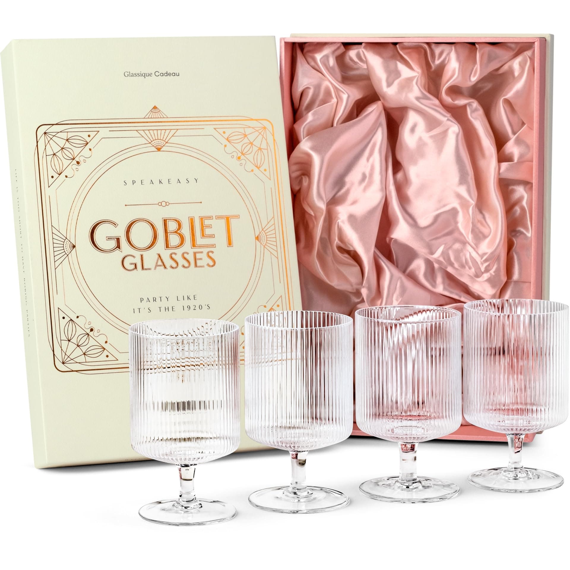 GLASSIQUE CADEAU Vintage Art Deco Ribbed Goblet Cocktail Glasses with Stem | Set of 4 | 10 oz Short Stemmed Crystal Tumblers for Drinking Classic Whiskey, Gin, Vodka Bar Drinks