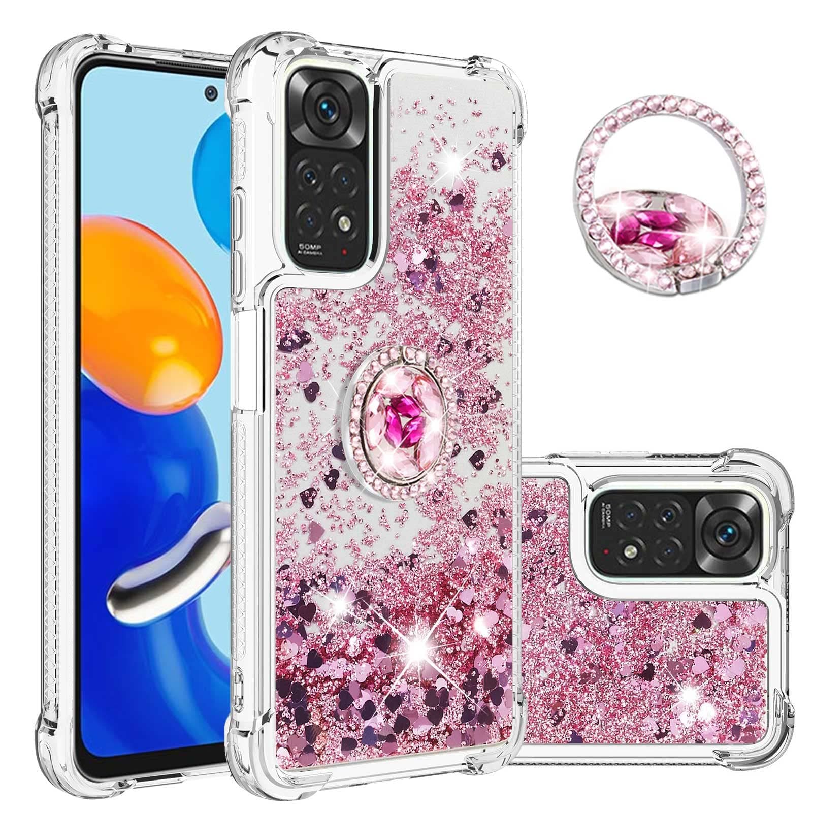 CCSmall for Xiaomi Redmi Note 11 4G Clear Glitter Case with Diamond Ring Holder for Women, Soft TPU Bling Liquid Quicksand Sparkly Transparent Cover for Redmi Note 11 4G/Note 11S 4G LSZ Rose Gold