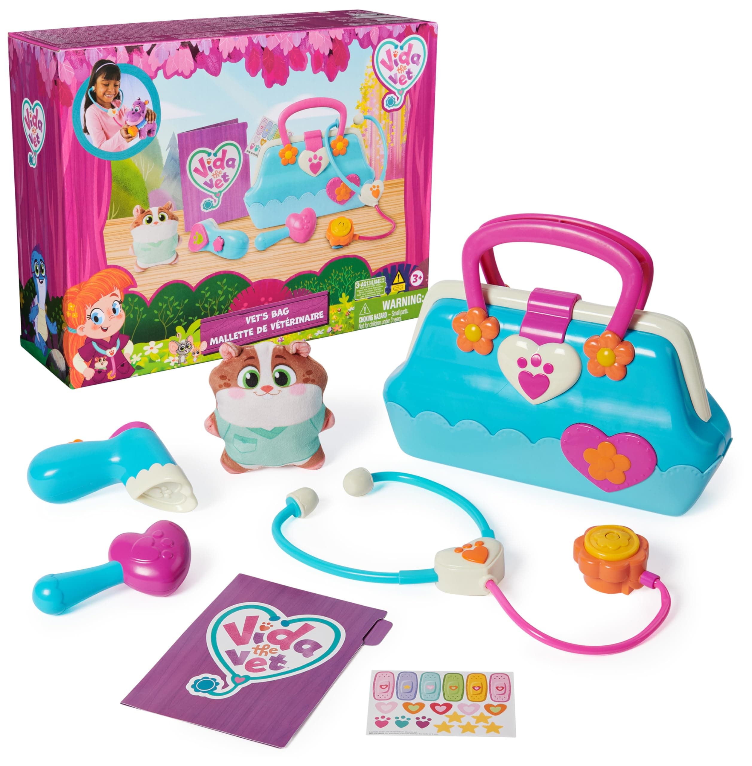 Vet’s Bag with 5 Veterinary Doctor Kit Accessories, 1 Popcorn Plush Toy & Stickers, for Costume Play, Kids Toys for Girls & Boys Ages 3+