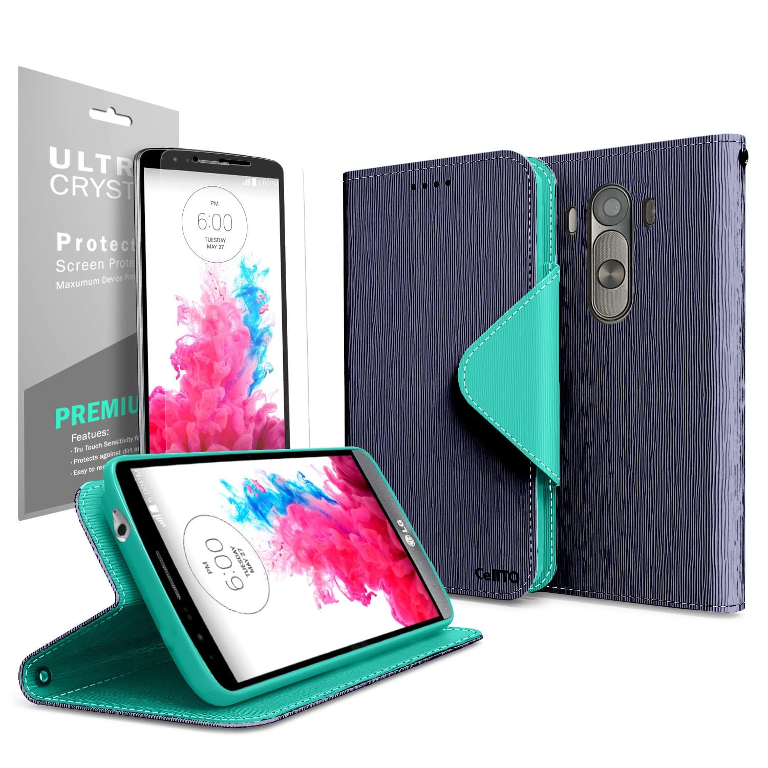 Cellto LG G3 Premium Wallet Case with Reversible Magnetic Flap [ Navy ] Diary Cover /w Premium HD Clear Screen Protector (Ver. 2014) - With Life Time Warranty