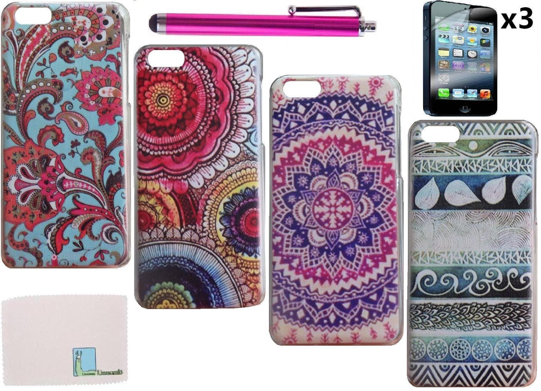 Llamamia Set of 4 Classic Totem Flower Pattern Back Cases Covers Protectors for Apple Iphone 5C + Stylus Pen + 3 Screen Protectors + Cleaning Cloth