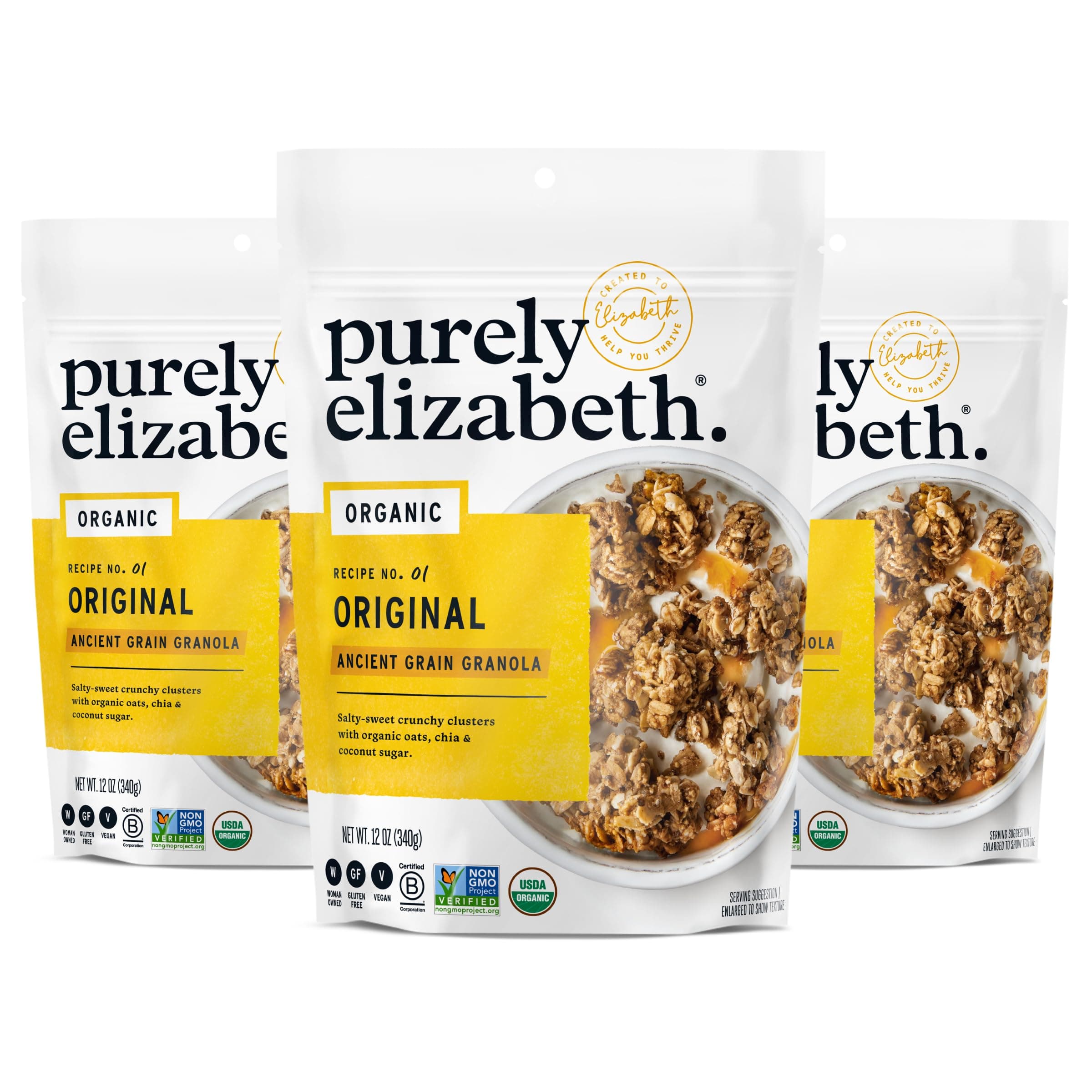 Purely Elizabeth Organic Original, Ancient Grain Granola, Gluten-Free, Non-GMO (3 Ct, 12oz Bags)