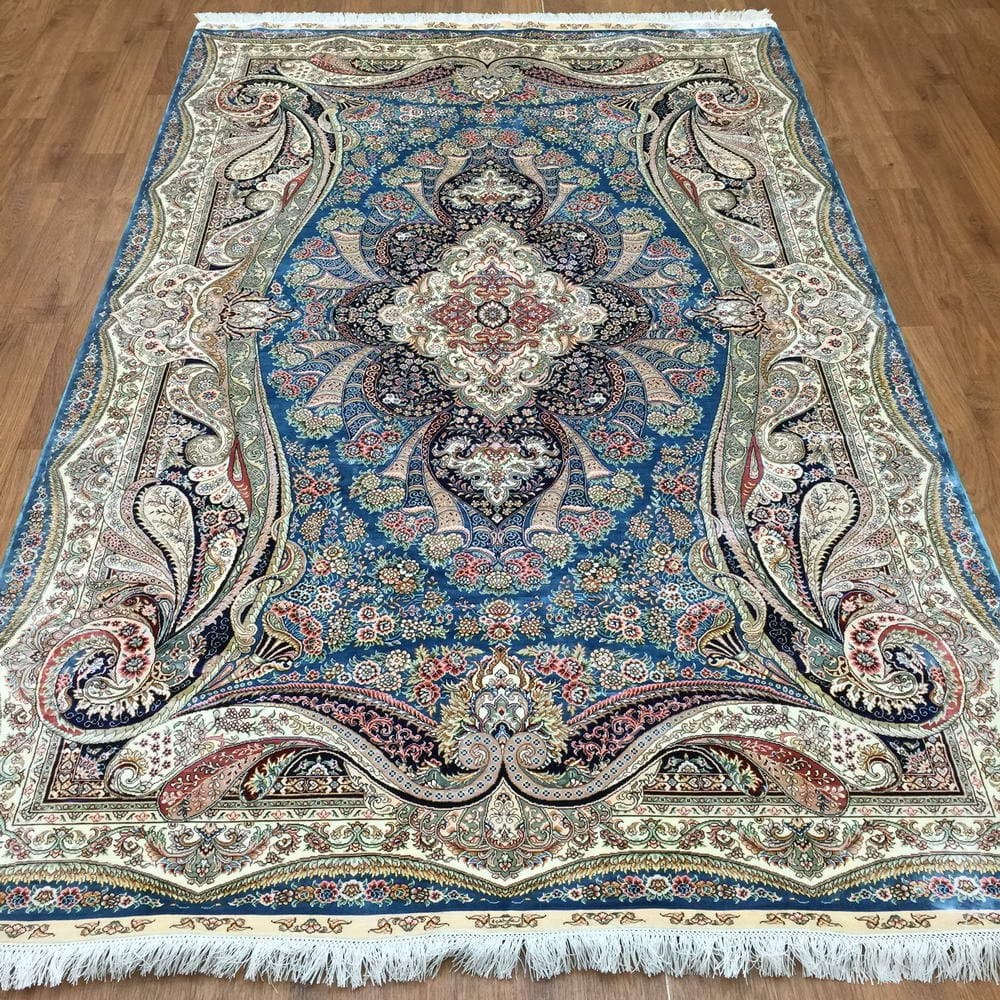 5'x8' Traditional Blue Qume Handmade Pure Silk Carpets Oriental Floral Persian Rug Rugs for Bedroon