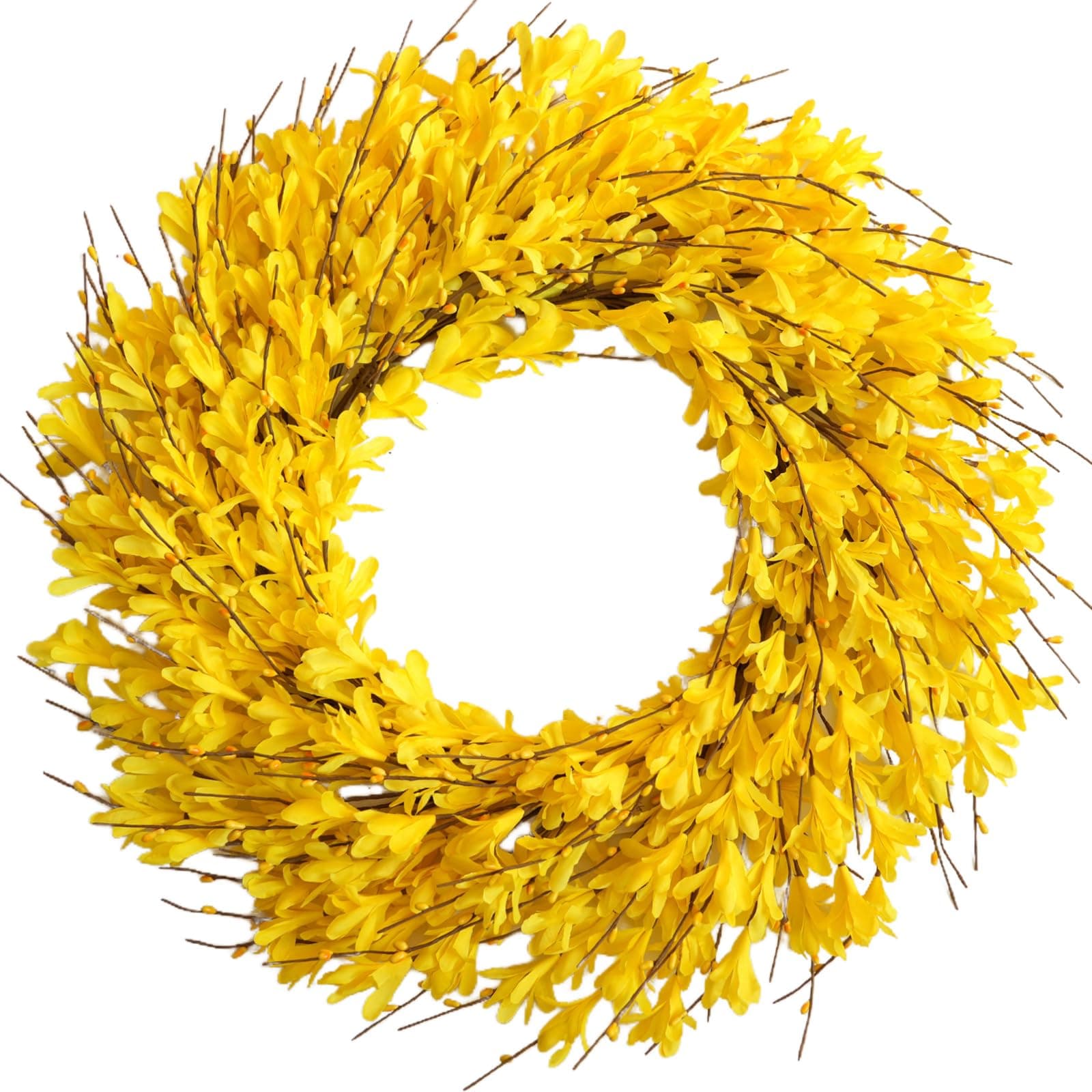 Bibelot 22inch Artificial Forsythia Flower Wreaths Spring Summer Fall Wreath Silk Leaves Wreath for Front Door Wreaths Porch Farmhouse Patio Garden Home Decor (yellow)