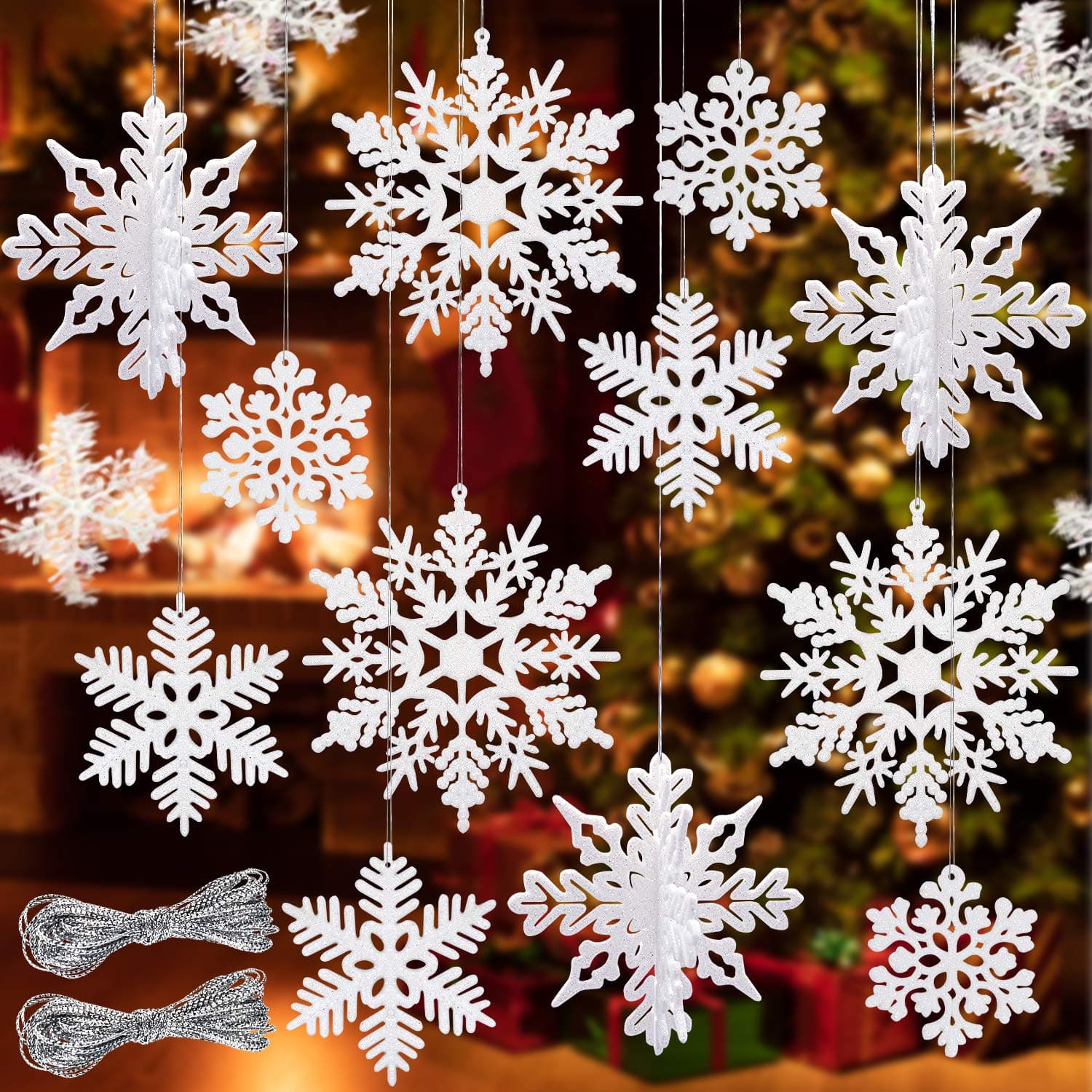 46 pieces of white glitter snowflakes, Christmas decorations snowflakes winter Snowflakes Ornaments Christmas hanging birthday Christmas tree window door interior ornaments