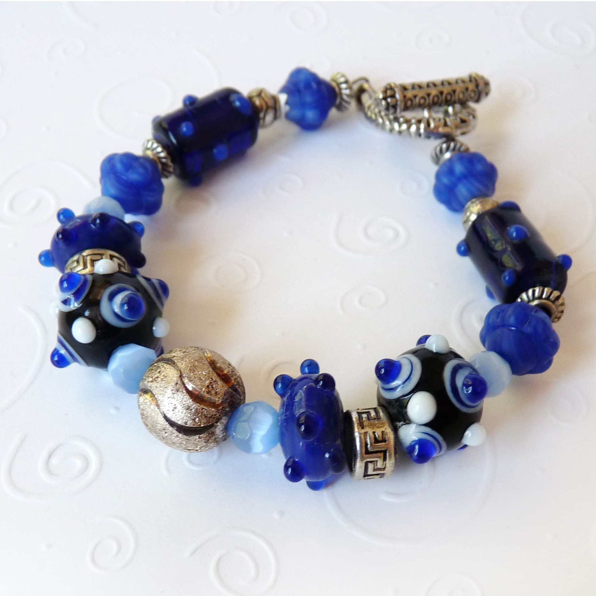 Royal Blue Lamp Worked Beads & Mixed Metals Pandora Style, Handmade Beaded Clasp Bracelet - Great gift for women - small to medium (C)
