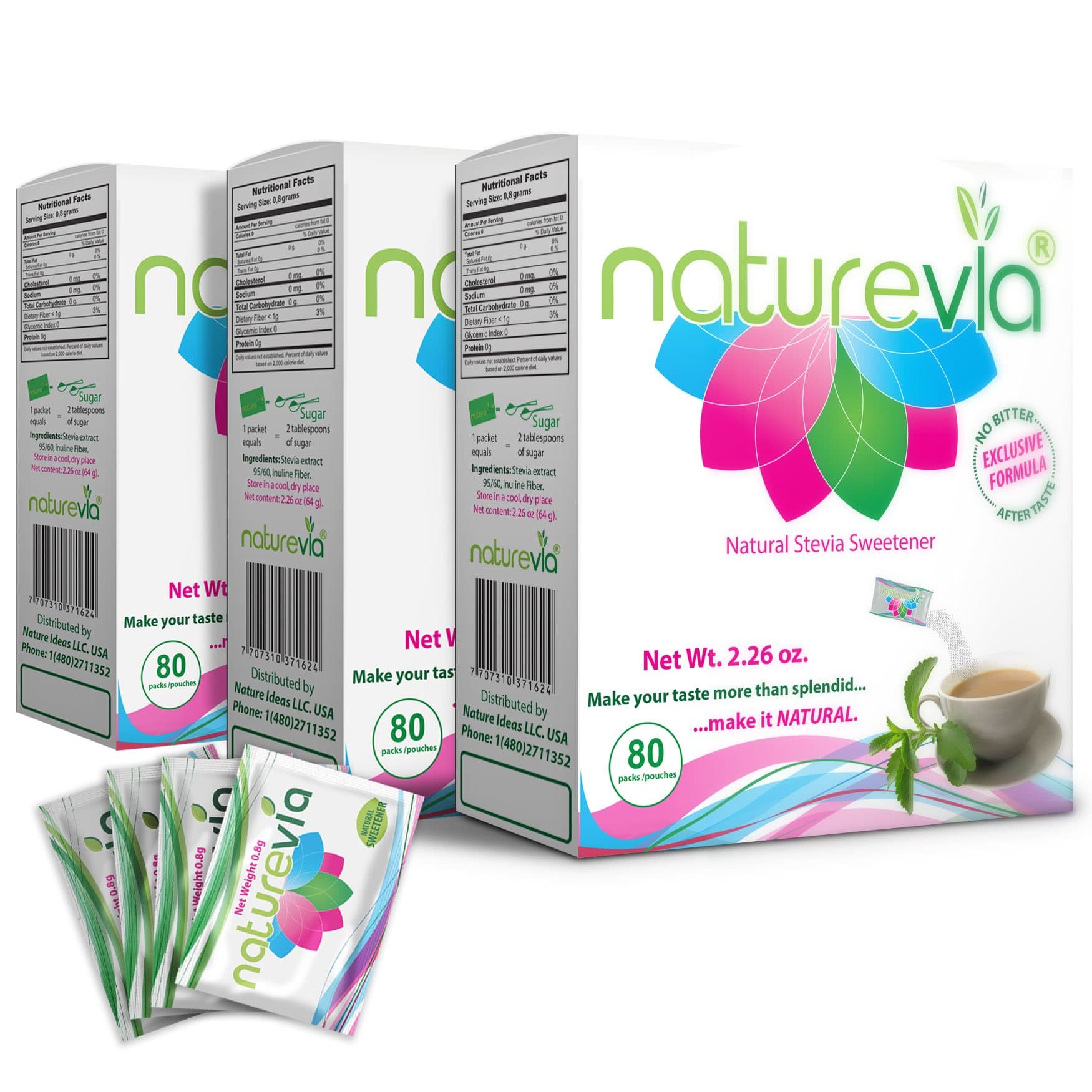 Natural Stevia Sweetener (80 Packets Each, Pack of 3) - Natural Prebiotic Fiber Inulin Promotes Digestion, Free of: Sugar, Calories, Carbohydrates, Corn Fillers, GMO Ingredients & Bitter Aftertaste
