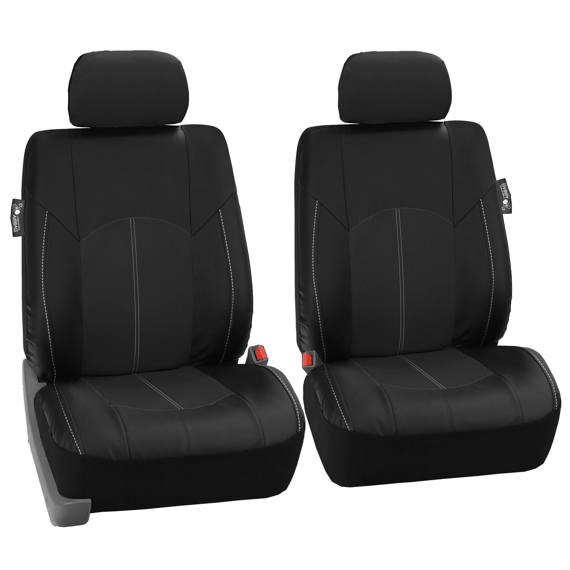 FH Group Fh Pu008102 Perforated Leatherette Auto Seat Covers Pair Set Solid Black Color Fit Most Car Truck Suv Or Van One Size Black-Pair Set