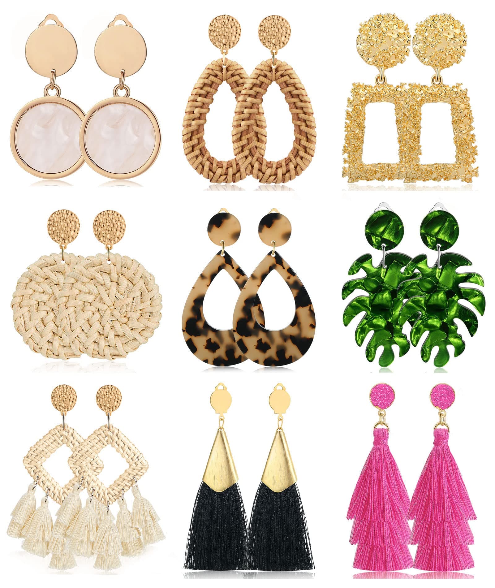Honsny 9 Pairs Clip on Earrings for Women Fashion Rattan Tassel Earrings Set Lightweight Acrylic Statement Non Piercing Drop Dangle Earrings for Women