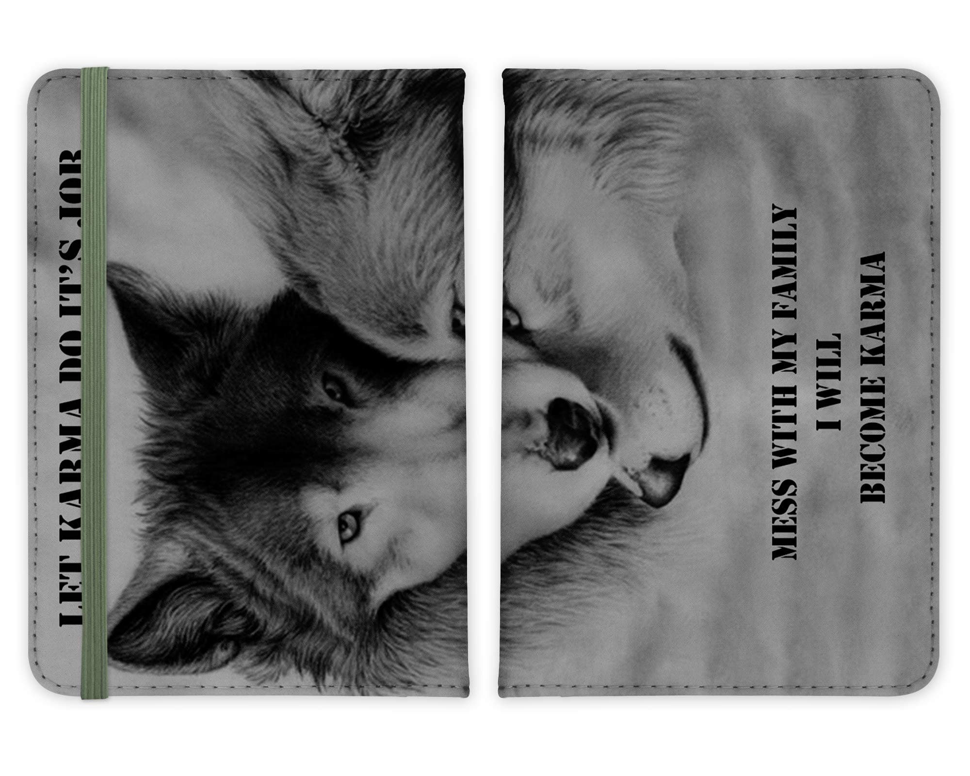 ShopQuality4ULet Karma do its Job Wolf Leather Passport Holder - for Men & Women - British Full Printed Passport Cover Case Passport Wallet