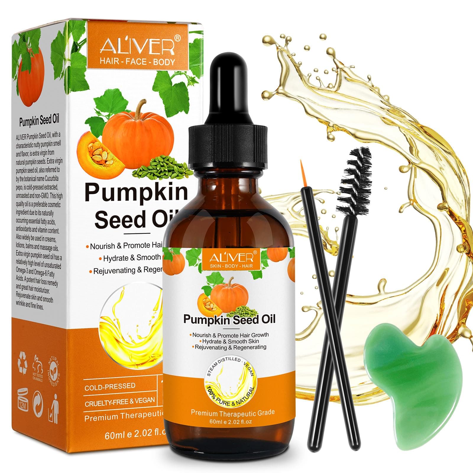 Pumpkin Seed Oil with Gua Sha Facial Tools for Hair Growth,60ML,100% Pure RAW Cold Pressed Pumpkin Seed Oil For Anti Aging Wrinkle,Massage Oil,Hair and Scalp Care,Vitamin E Oil For Skin